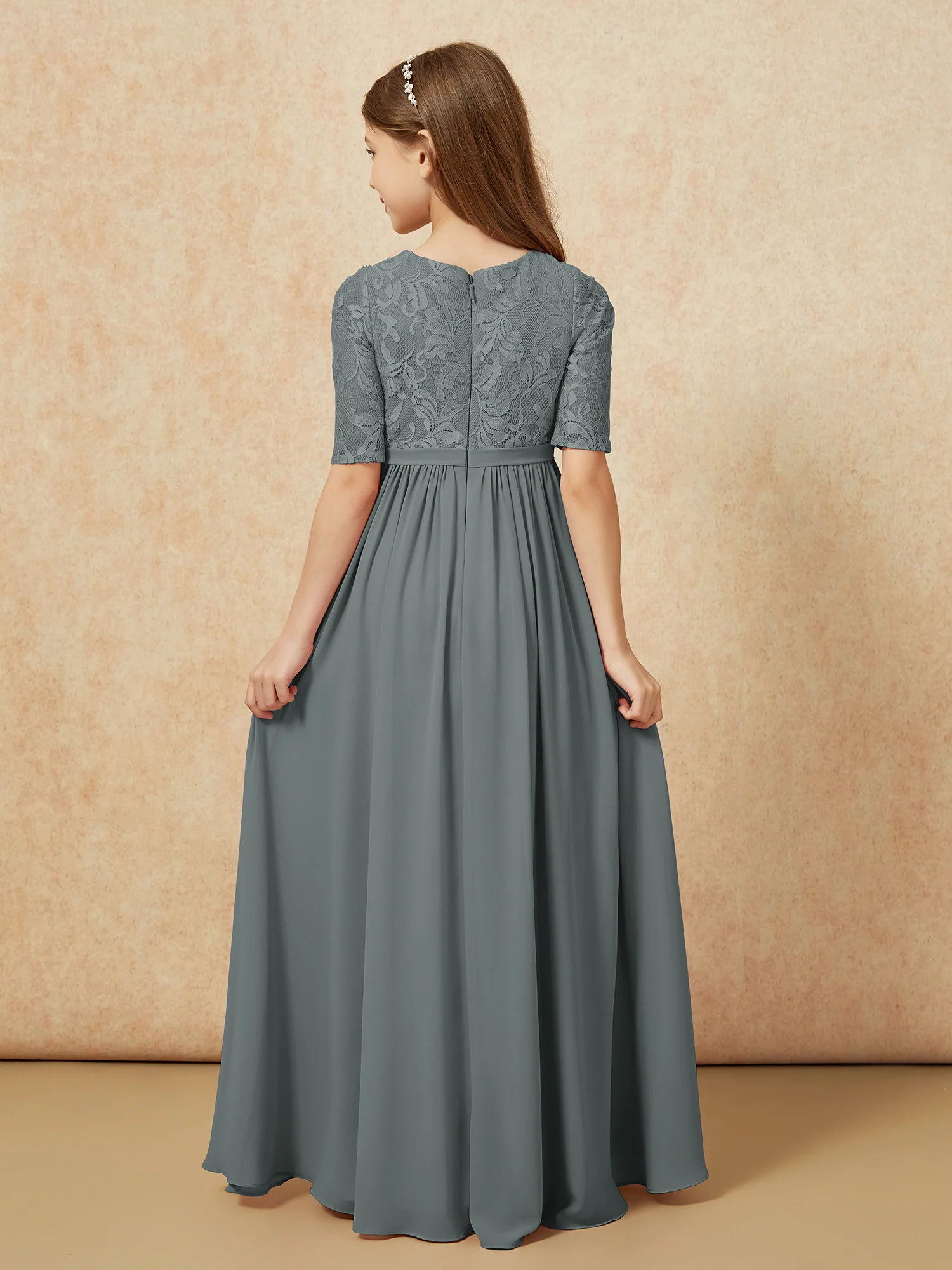 Half Sleeve Lace Top Chiffon Junior Bridesmaid Dresses Steel Grey - Image 2