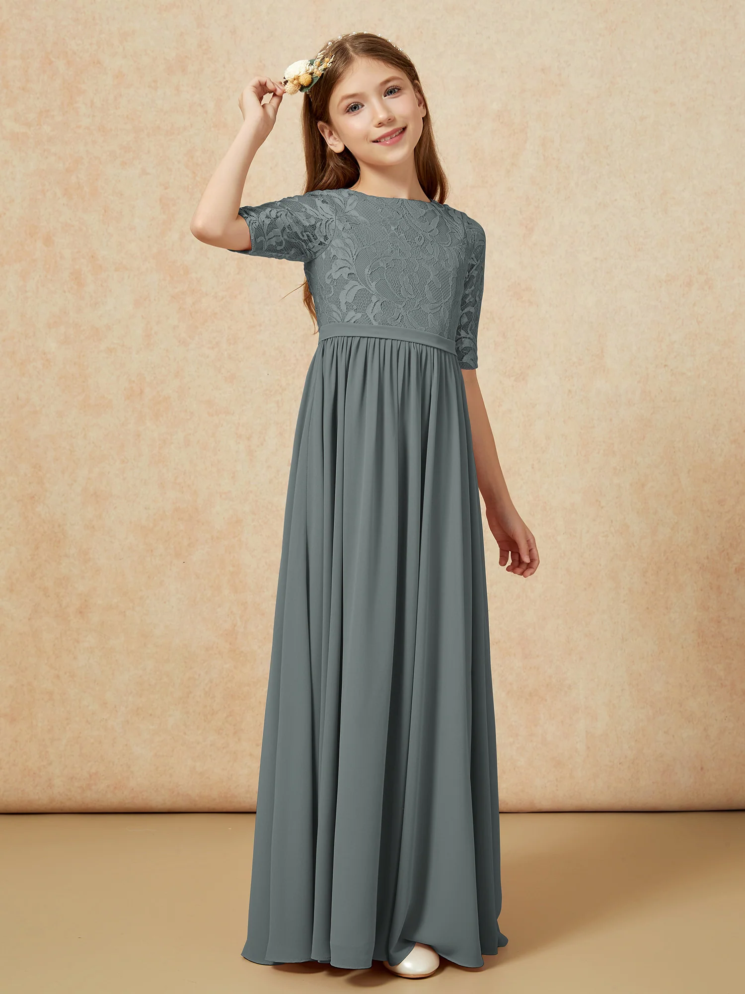 Half Sleeve Lace Top Chiffon Junior Bridesmaid Dresses Steel Grey - Image 3