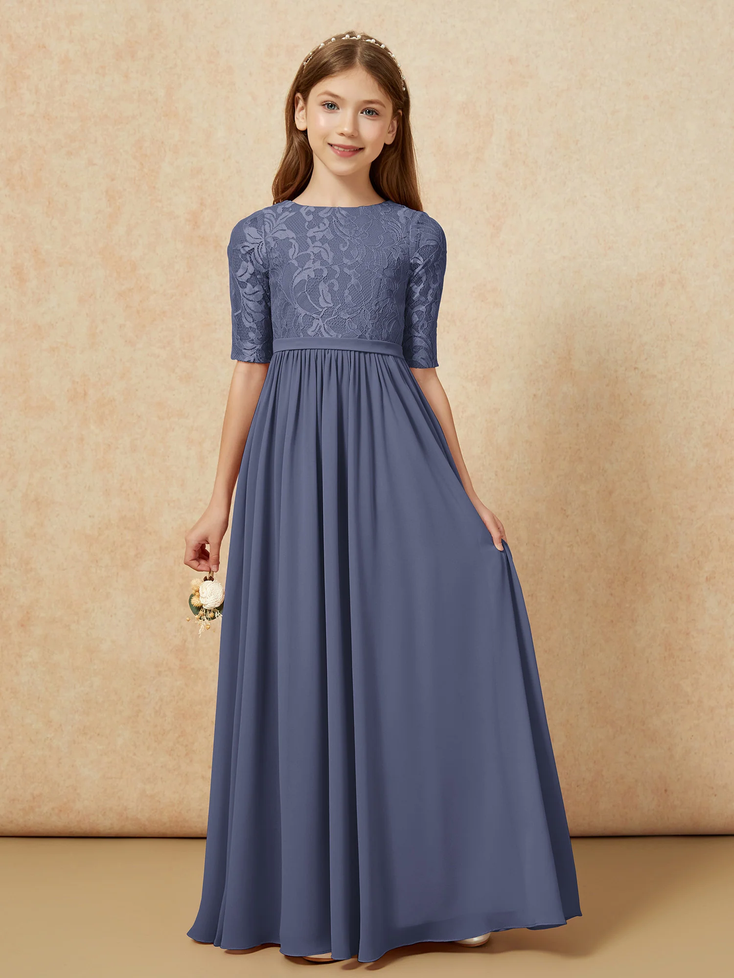 Half Sleeve Lace Top Chiffon Junior Bridesmaid Dresses Stormy