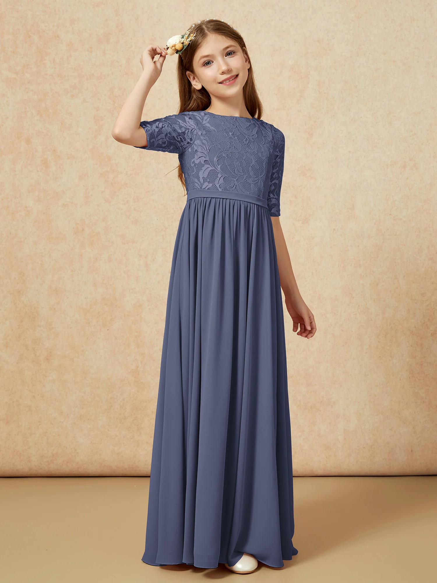 Half Sleeve Lace Top Chiffon Junior Bridesmaid Dresses Stormy - Image 3