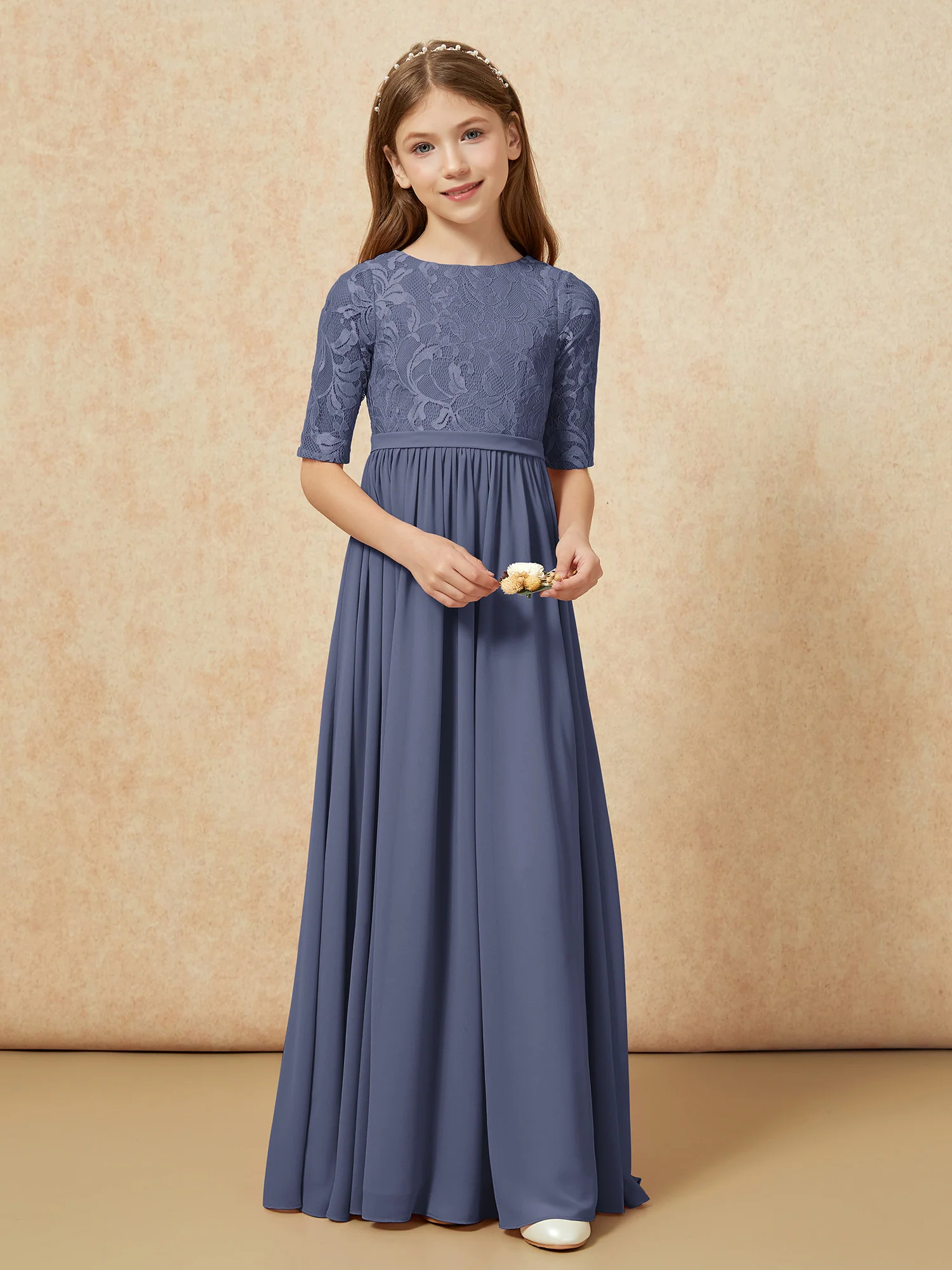 Half Sleeve Lace Top Chiffon Junior Bridesmaid Dresses Stormy - Image 4