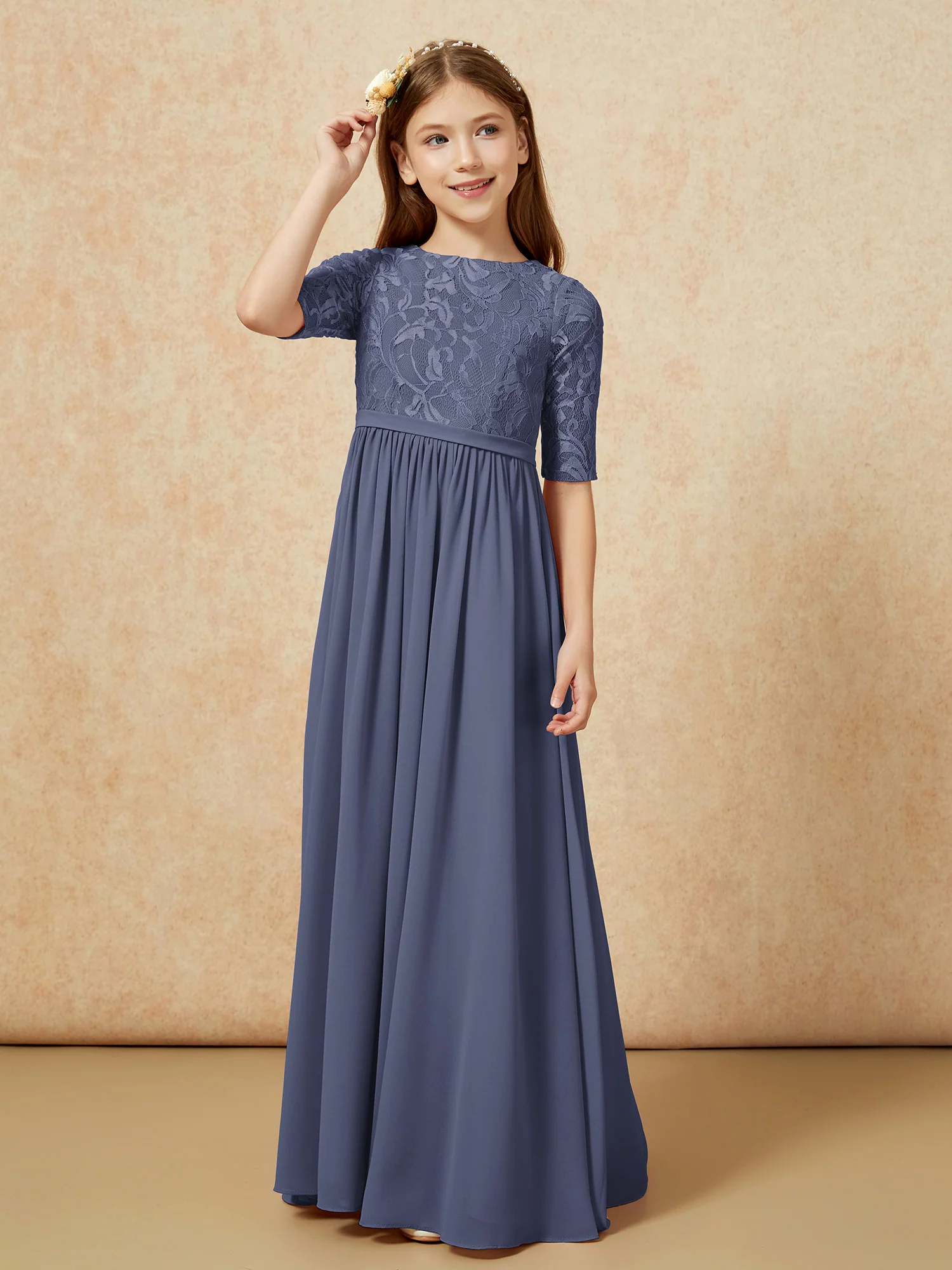 Half Sleeve Lace Top Chiffon Junior Bridesmaid Dresses Stormy - Image 5