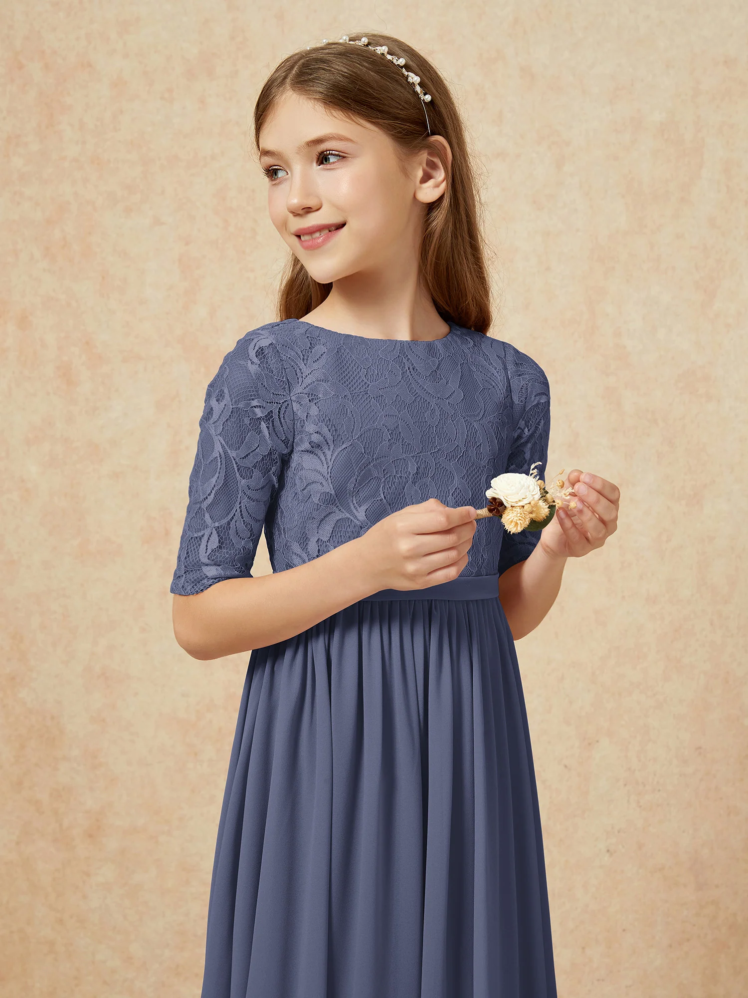 Half Sleeve Lace Top Chiffon Junior Bridesmaid Dresses Stormy - Image 6