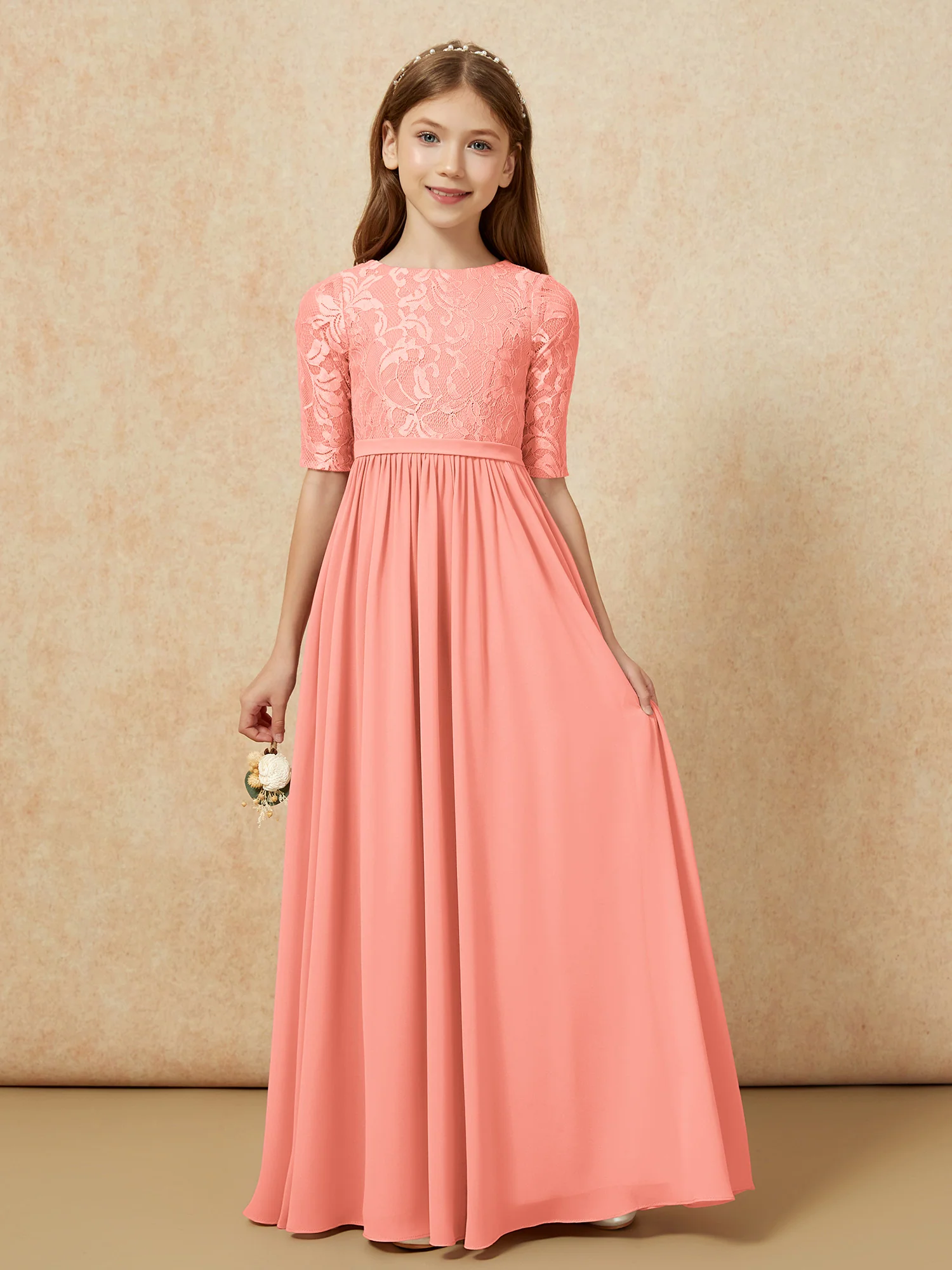 Half Sleeve Lace Top Chiffon Junior Bridesmaid Dresses Sunset