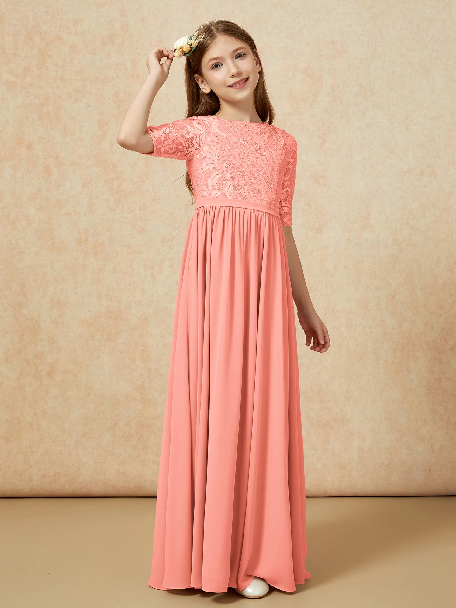Half Sleeve Lace Top Chiffon Junior Bridesmaid Dresses Sunset - Image 3