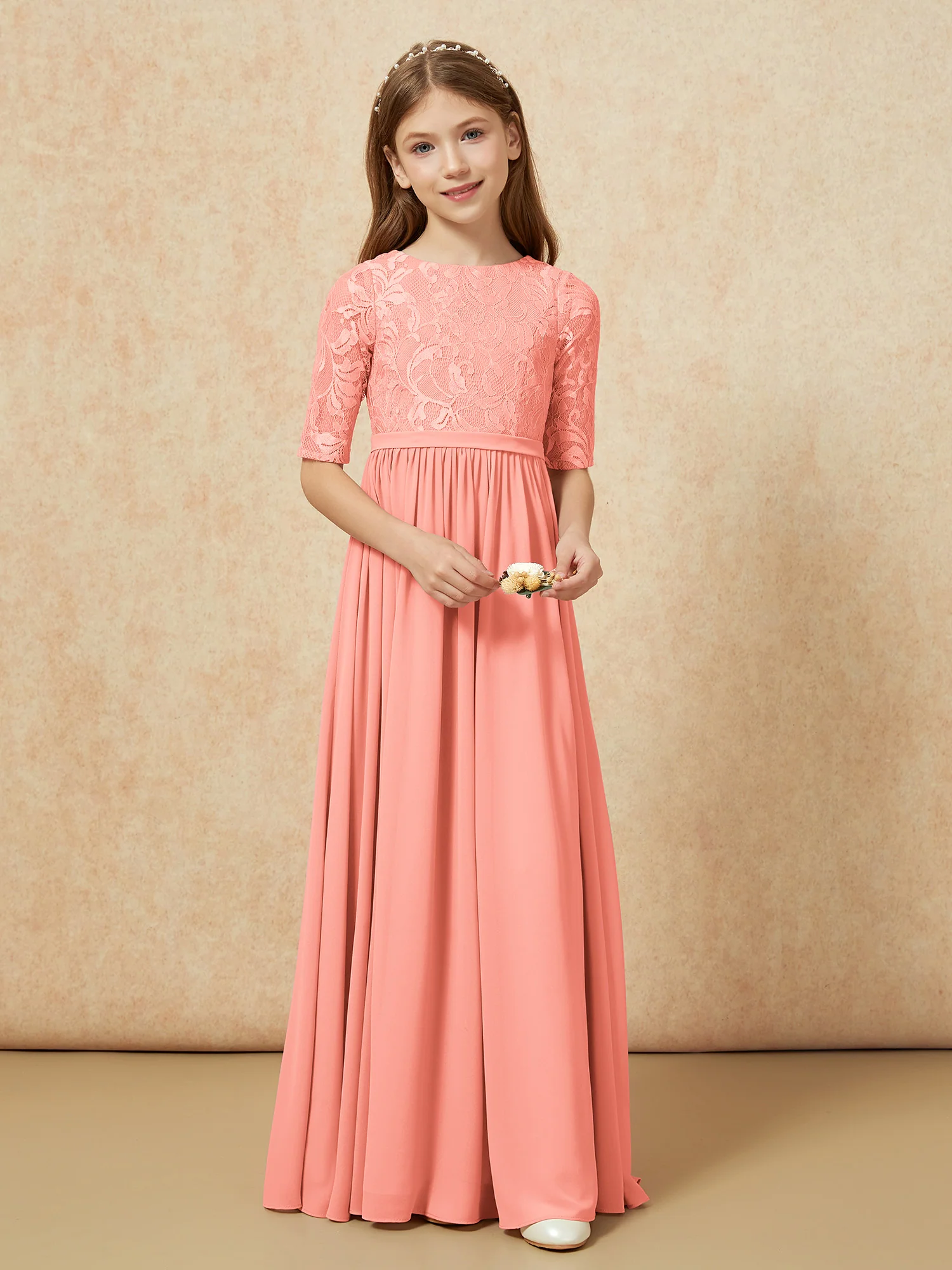 Half Sleeve Lace Top Chiffon Junior Bridesmaid Dresses Sunset - Image 4