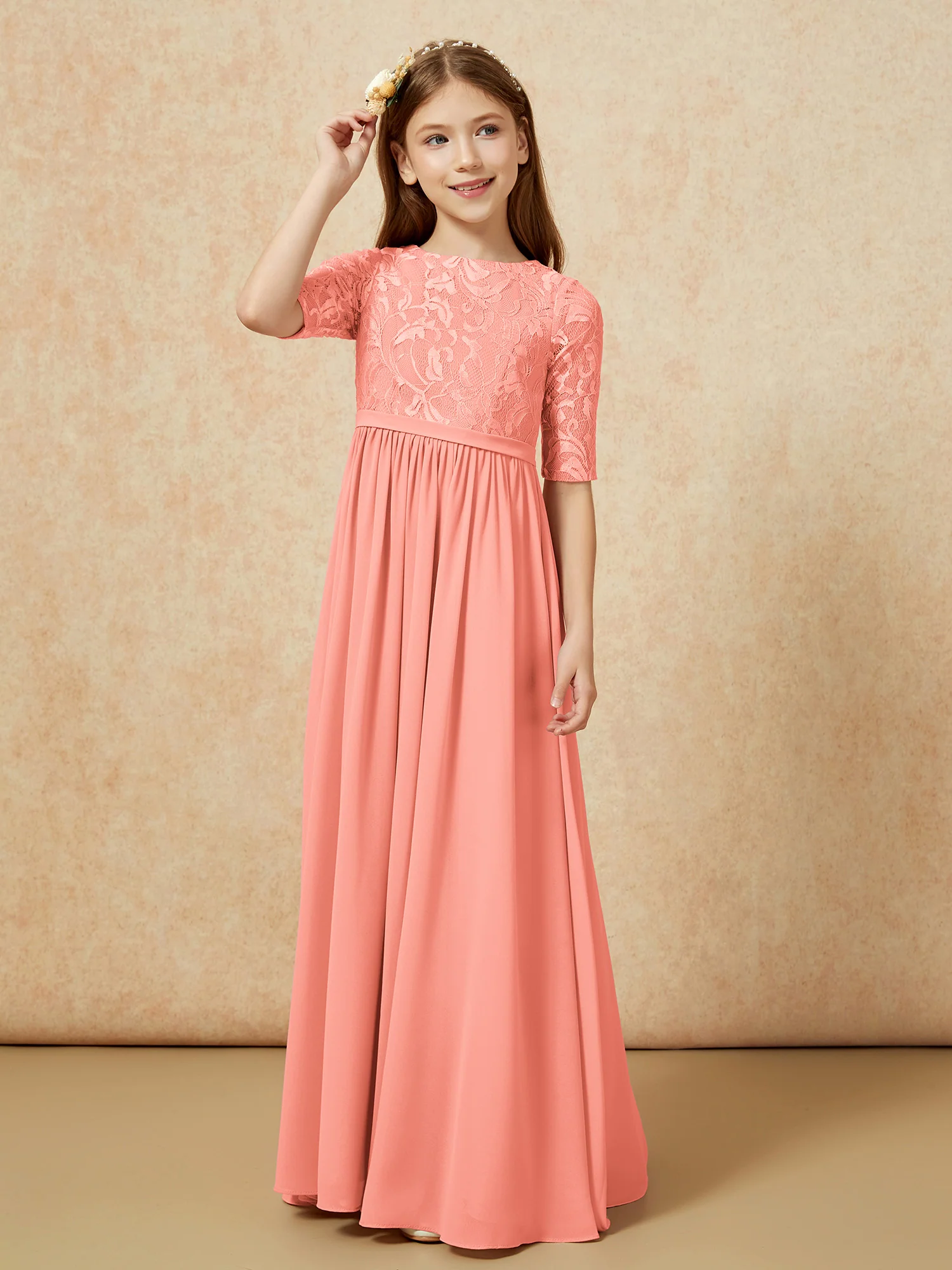 Half Sleeve Lace Top Chiffon Junior Bridesmaid Dresses Sunset - Image 5
