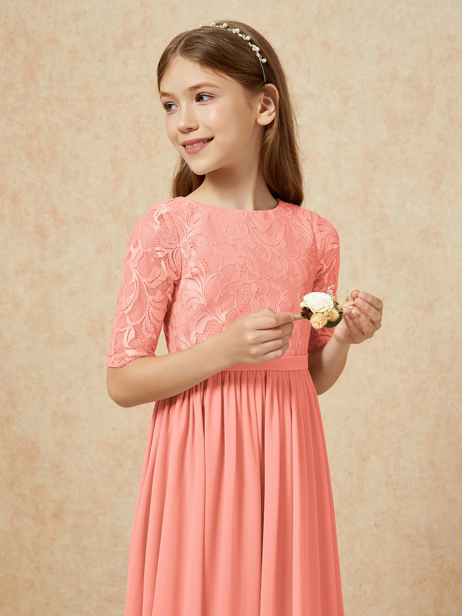 Half Sleeve Lace Top Chiffon Junior Bridesmaid Dresses Sunset - Image 6