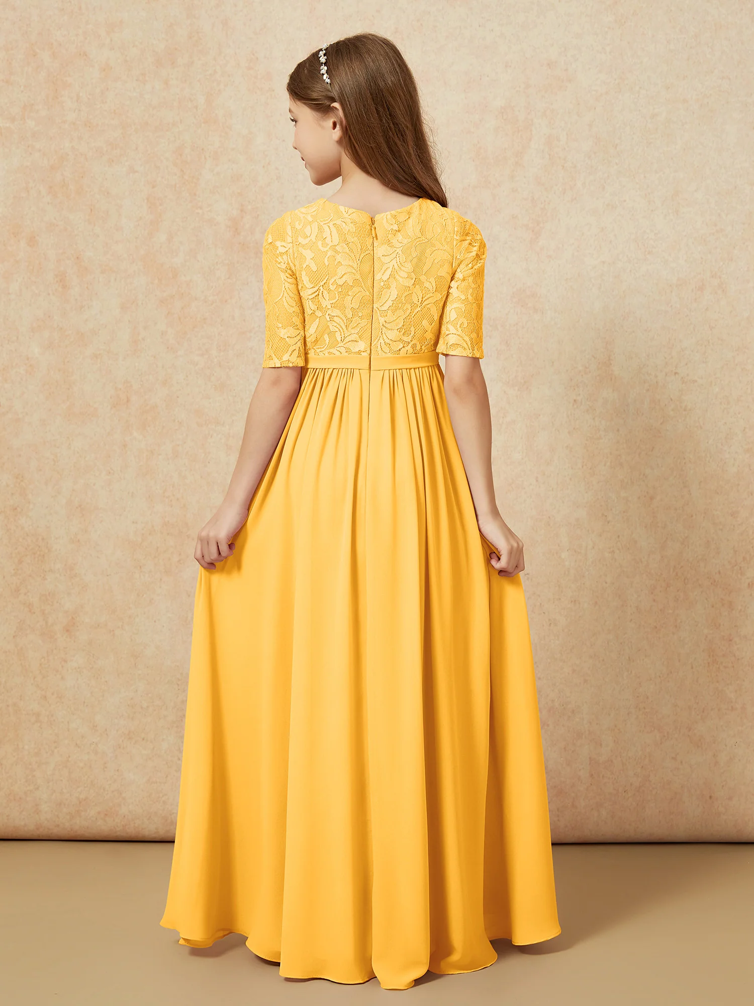 Half Sleeve Lace Top Chiffon Junior Bridesmaid Dresses Tangerine - Image 2