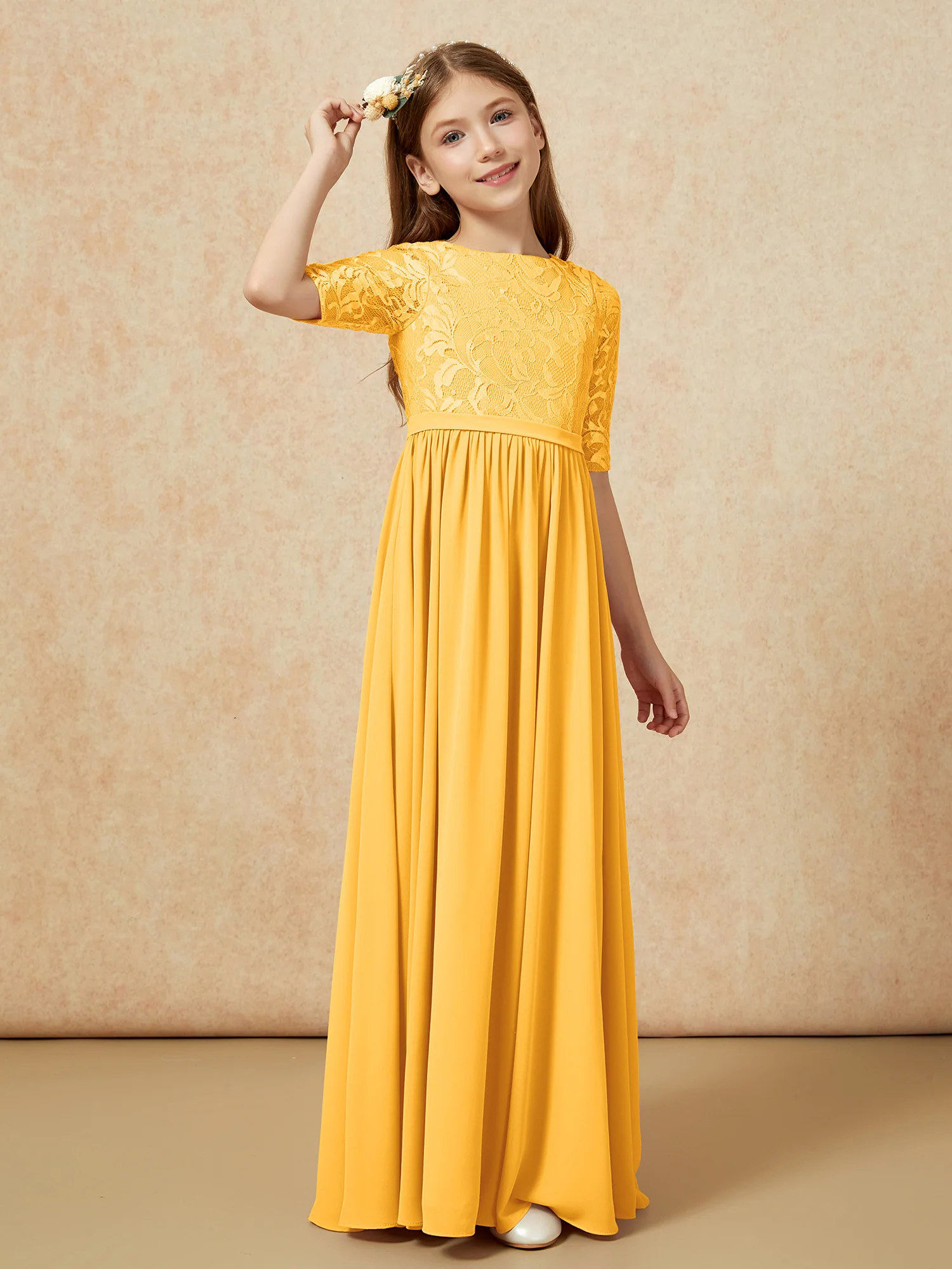Half Sleeve Lace Top Chiffon Junior Bridesmaid Dresses Tangerine - Image 3