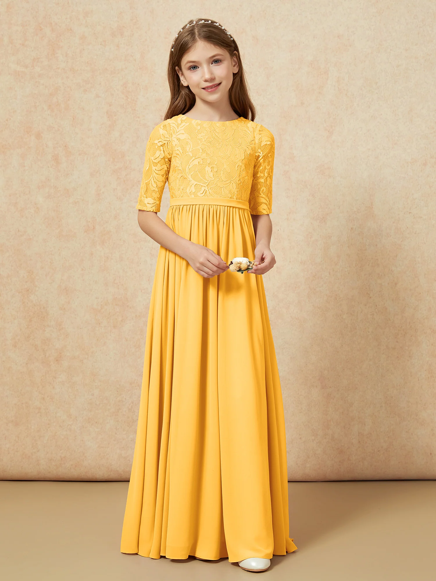 Half Sleeve Lace Top Chiffon Junior Bridesmaid Dresses Tangerine - Image 4