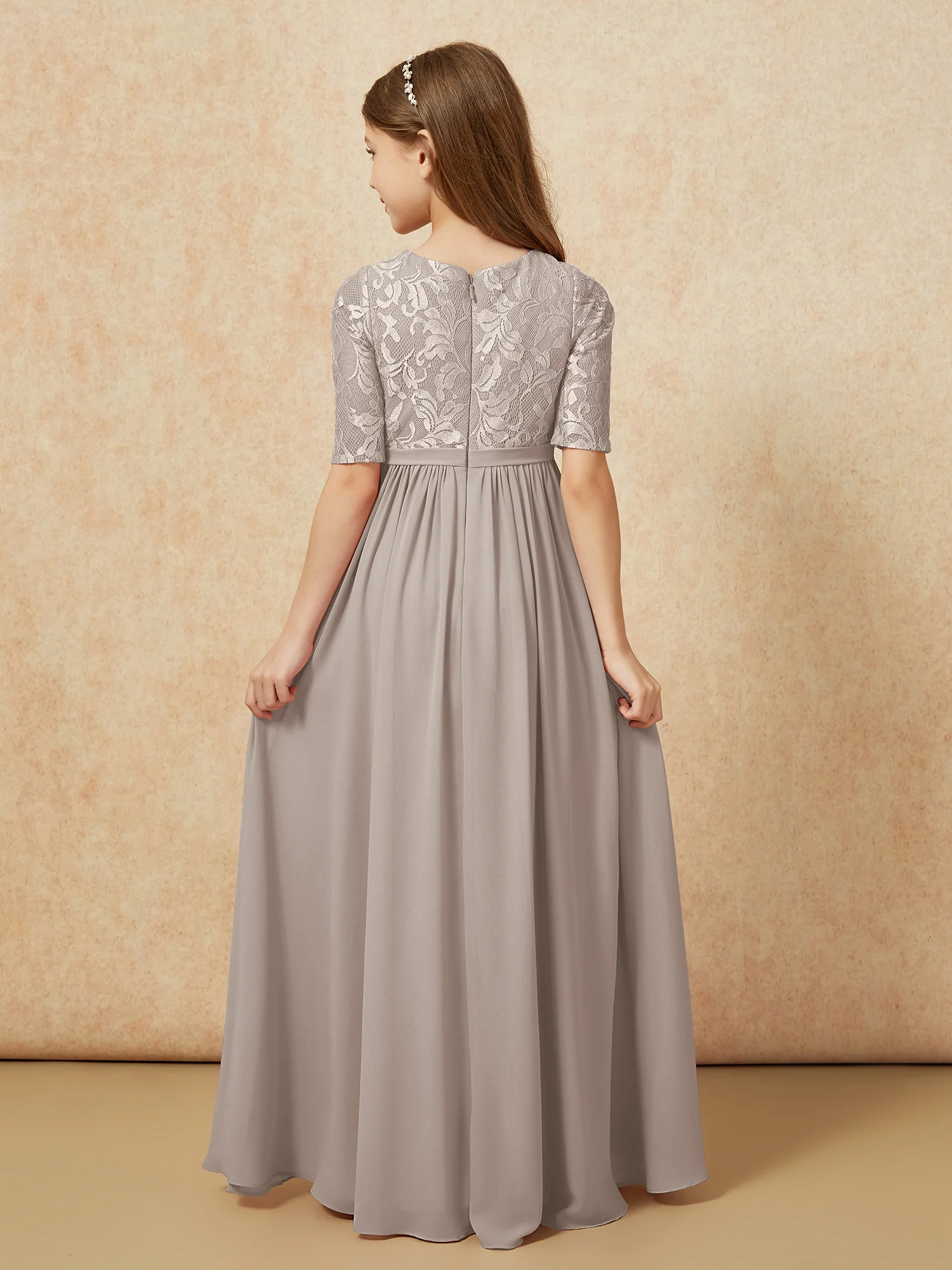 Half Sleeve Lace Top Chiffon Junior Bridesmaid Dresses Taupe - Image 2