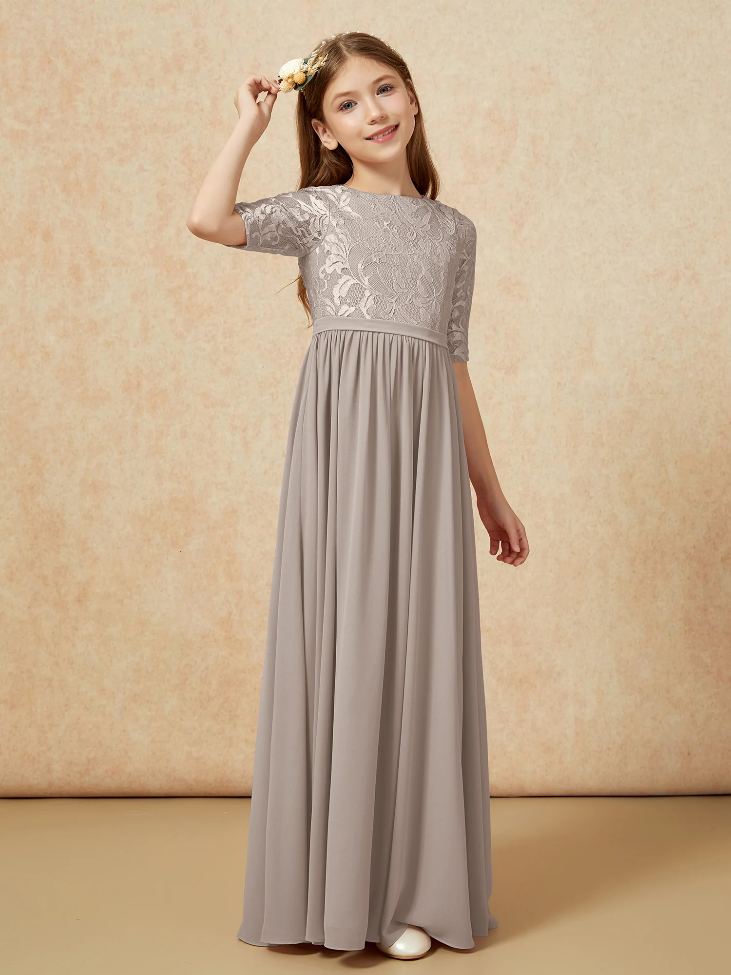 Half Sleeve Lace Top Chiffon Junior Bridesmaid Dresses Taupe - Image 3