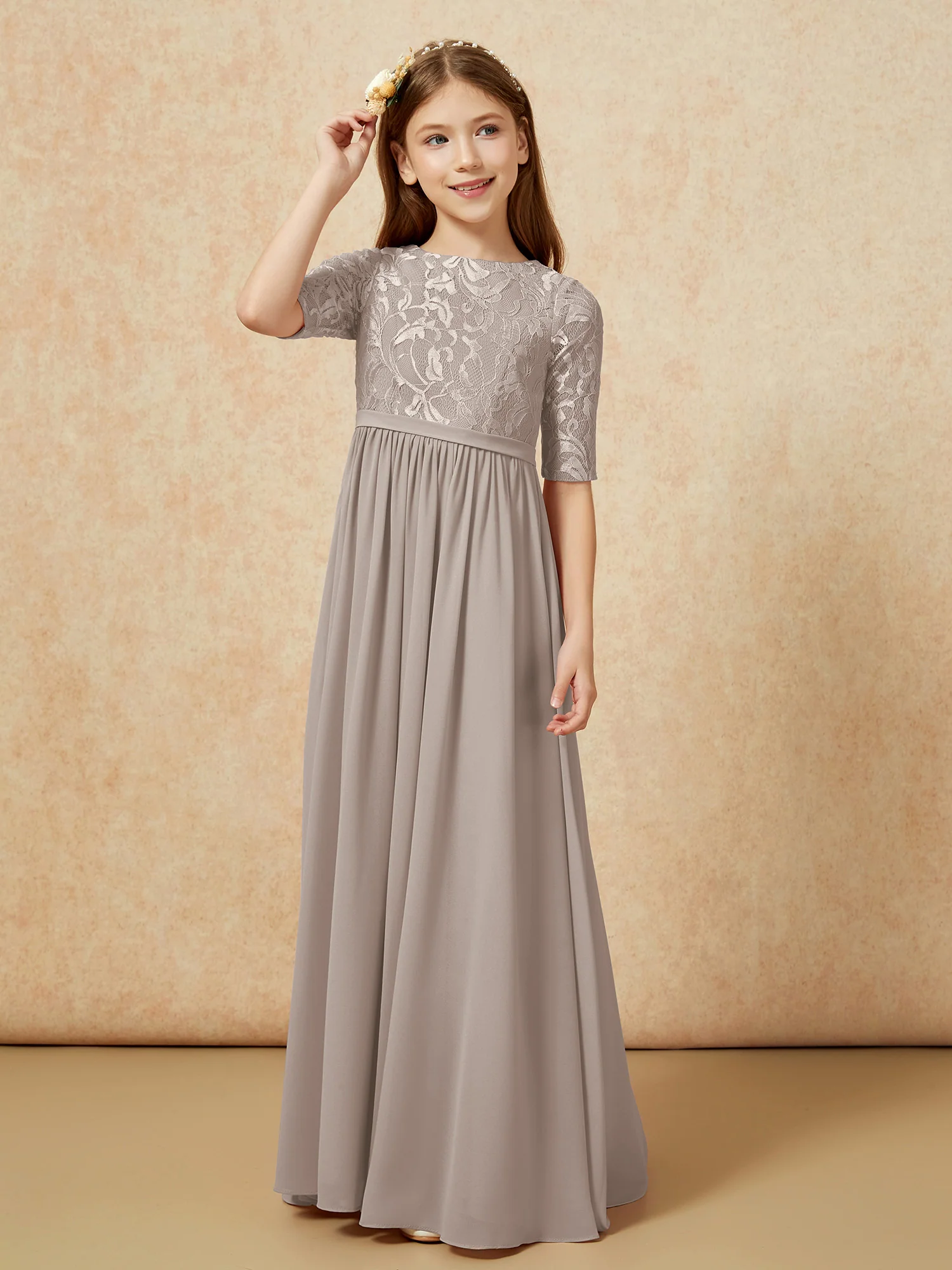 Half Sleeve Lace Top Chiffon Junior Bridesmaid Dresses Taupe - Image 5