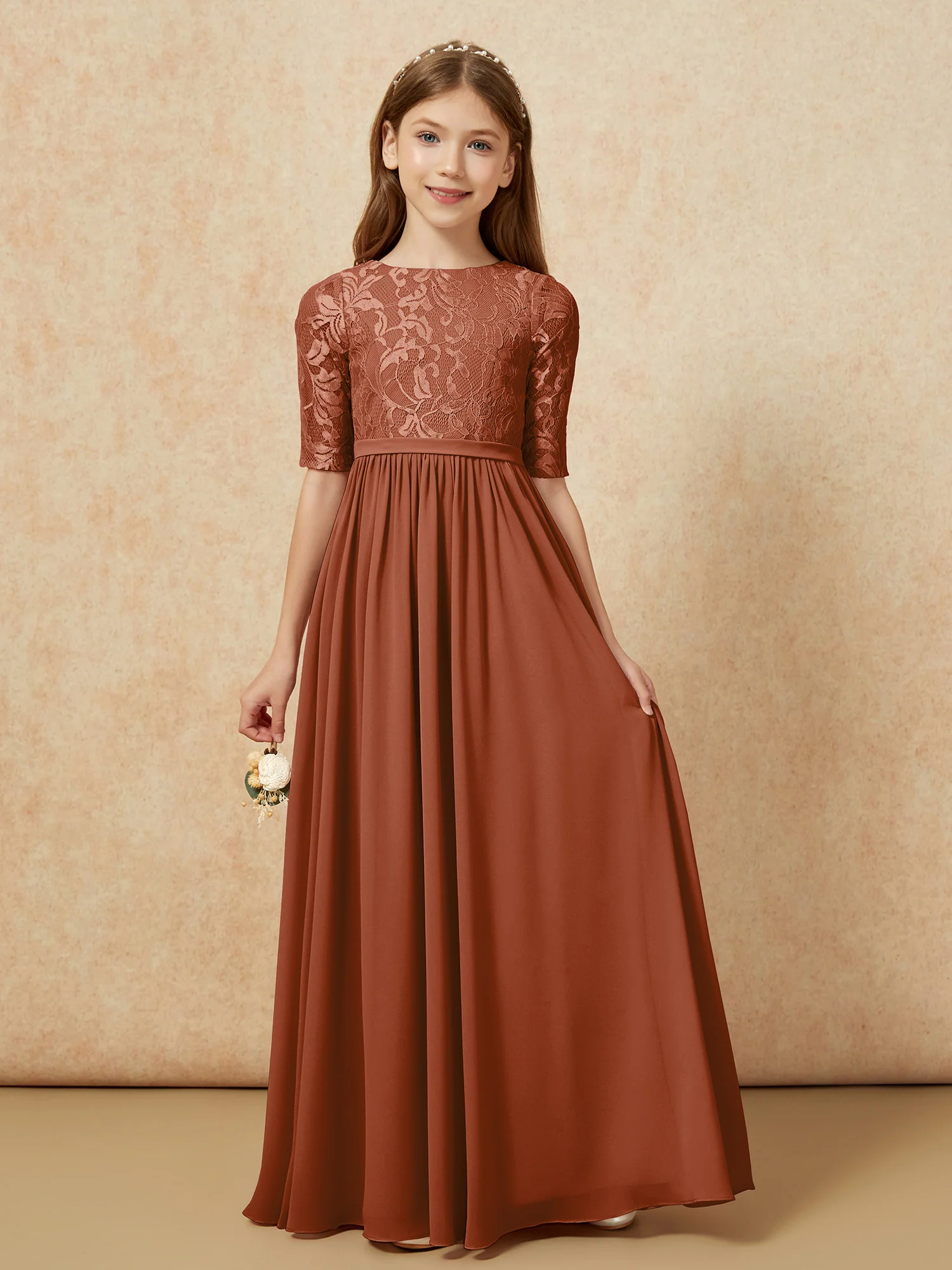 Half Sleeve Lace Top Chiffon Junior Bridesmaid Dresses Terracotta