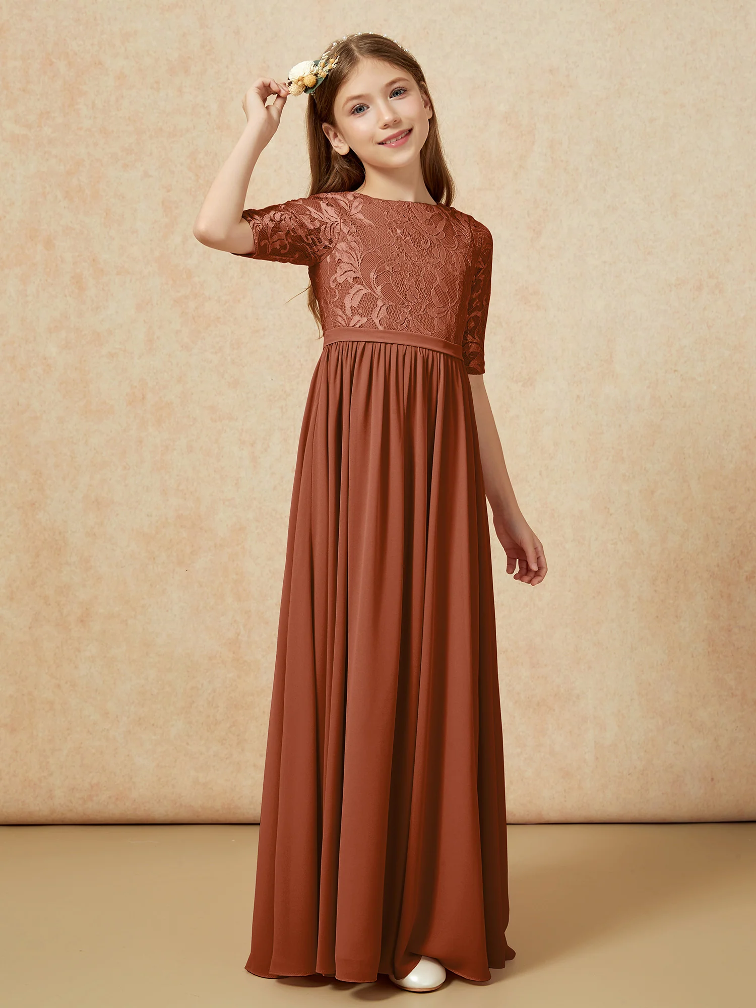 Half Sleeve Lace Top Chiffon Junior Bridesmaid Dresses Terracotta - Image 3
