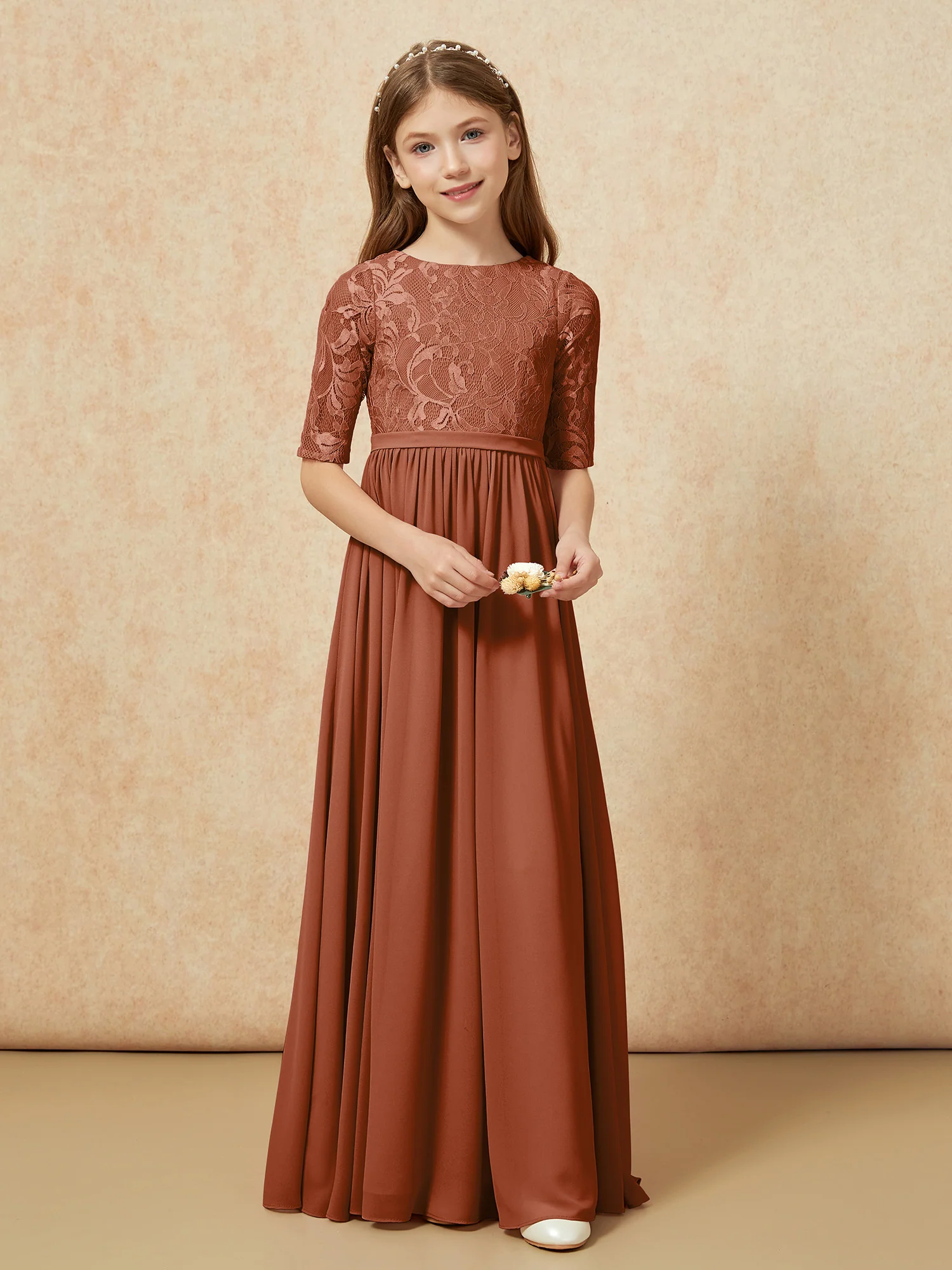 Half Sleeve Lace Top Chiffon Junior Bridesmaid Dresses Terracotta - Image 4