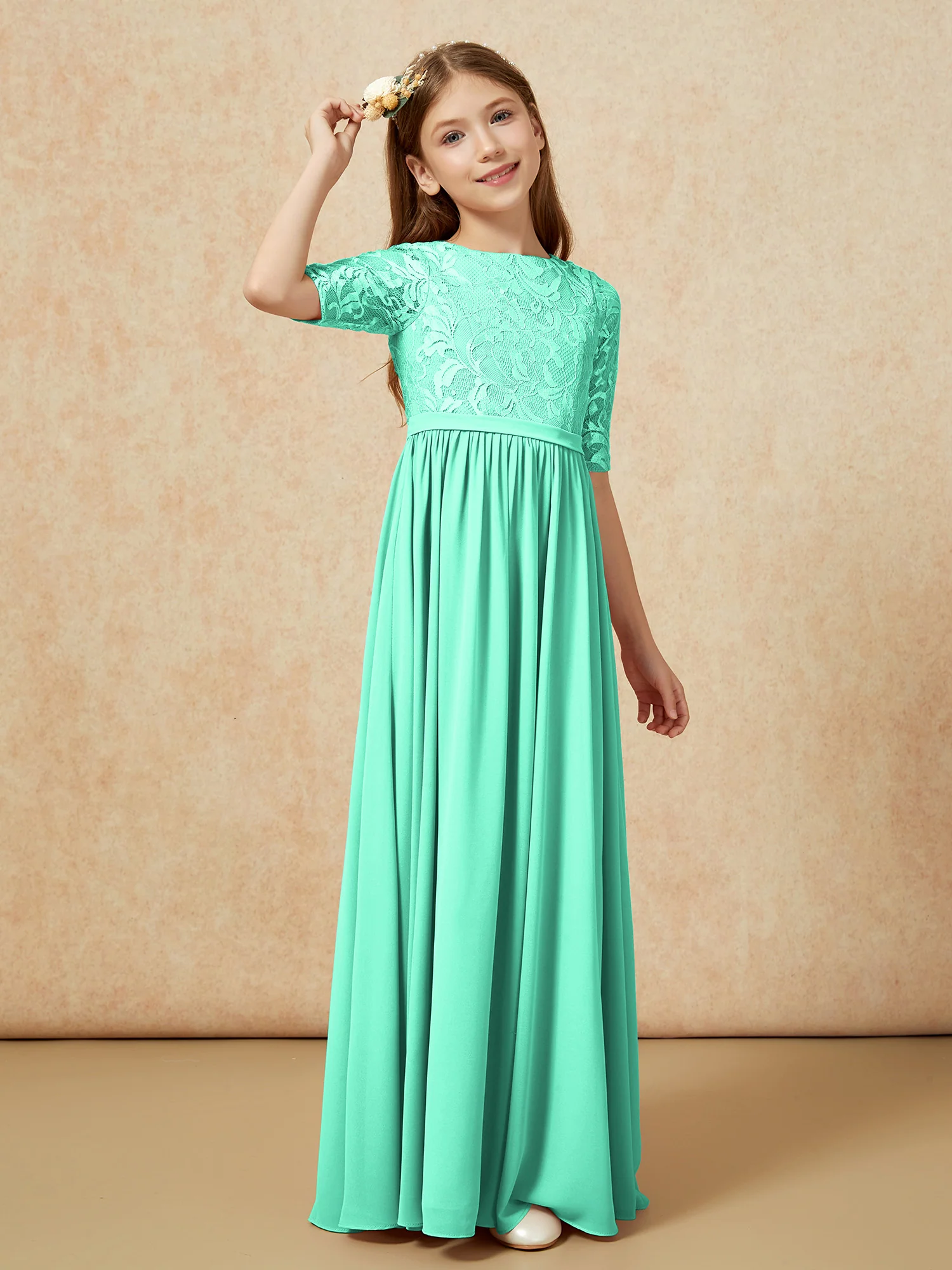 Half Sleeve Lace Top Chiffon Junior Bridesmaid Dresses Turquoise - Image 3