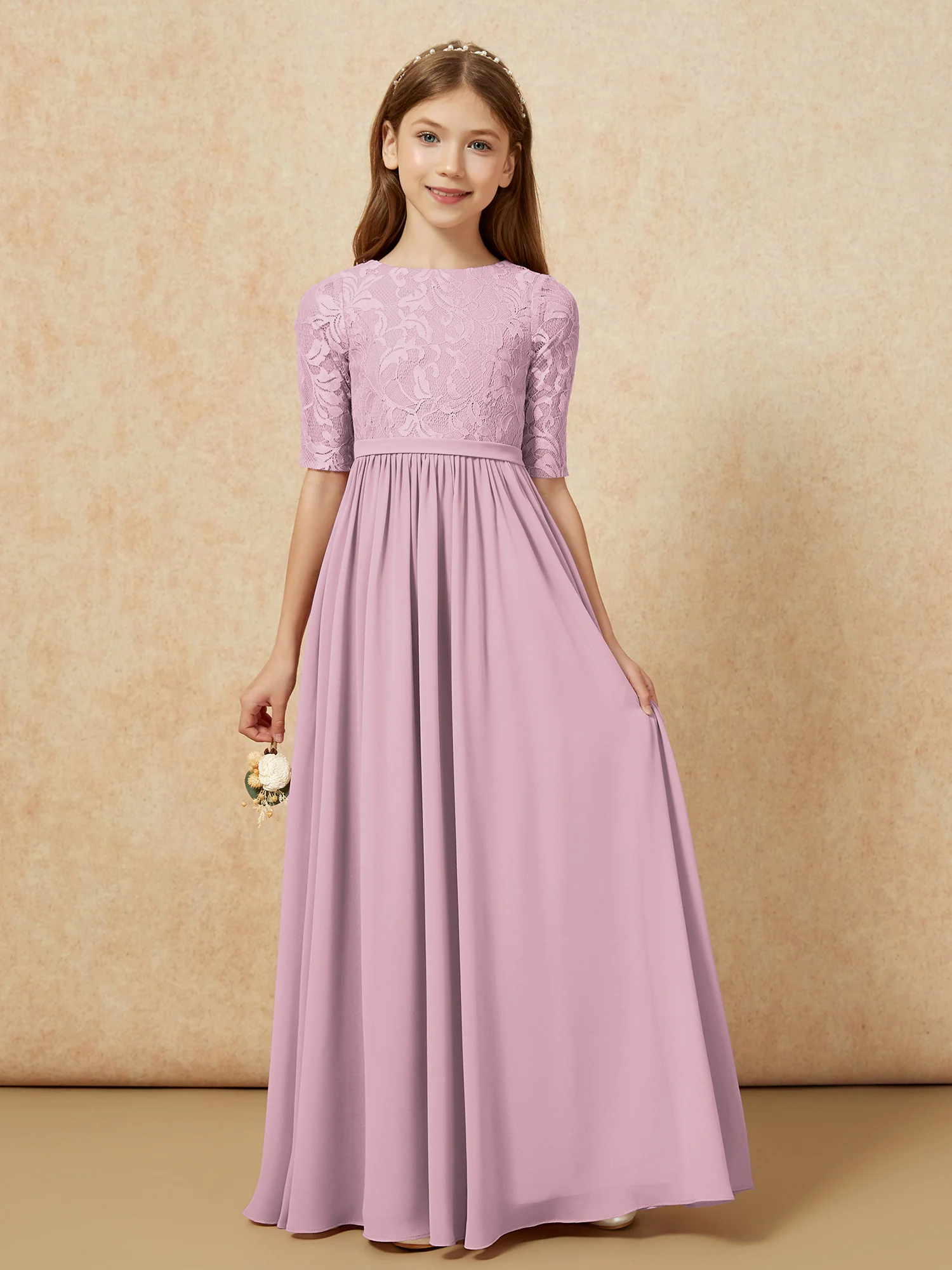 Half Sleeve Lace Top Chiffon Junior Bridesmaid Dresses Vintage Mauve