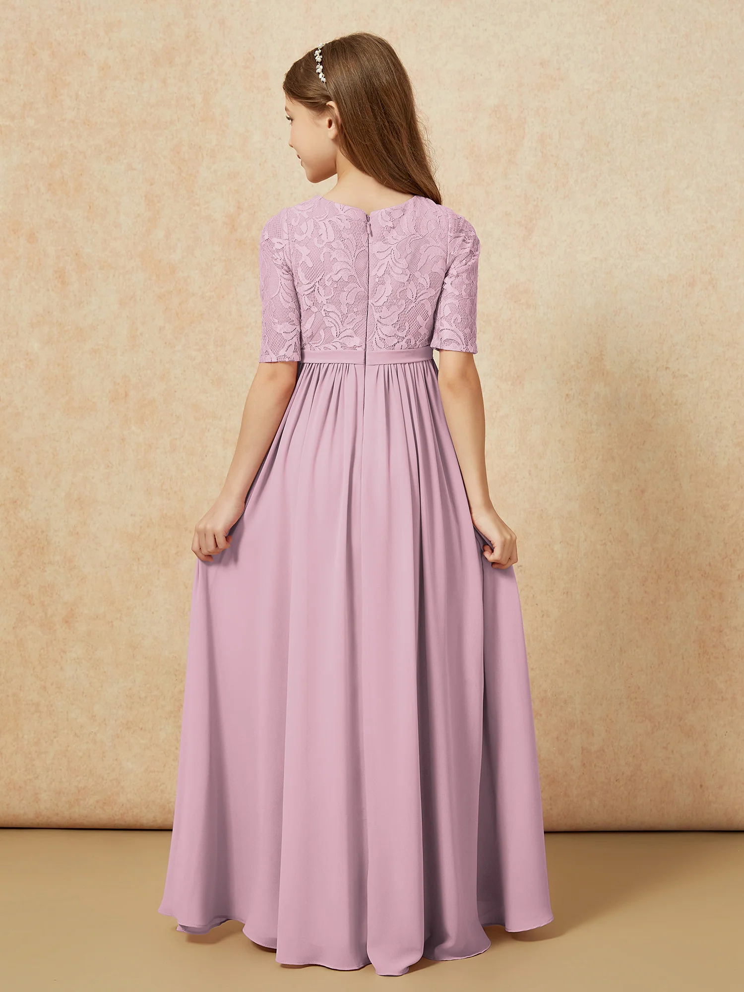 Half Sleeve Lace Top Chiffon Junior Bridesmaid Dresses Vintage Mauve - Image 2