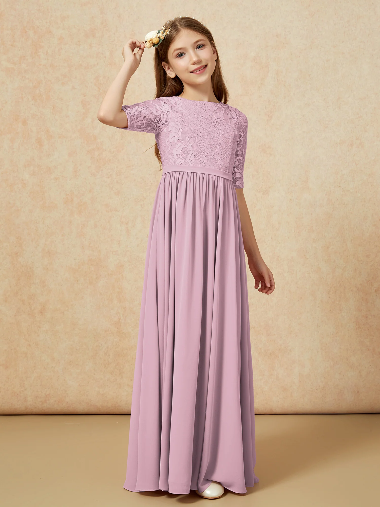 Half Sleeve Lace Top Chiffon Junior Bridesmaid Dresses Vintage Mauve - Image 3