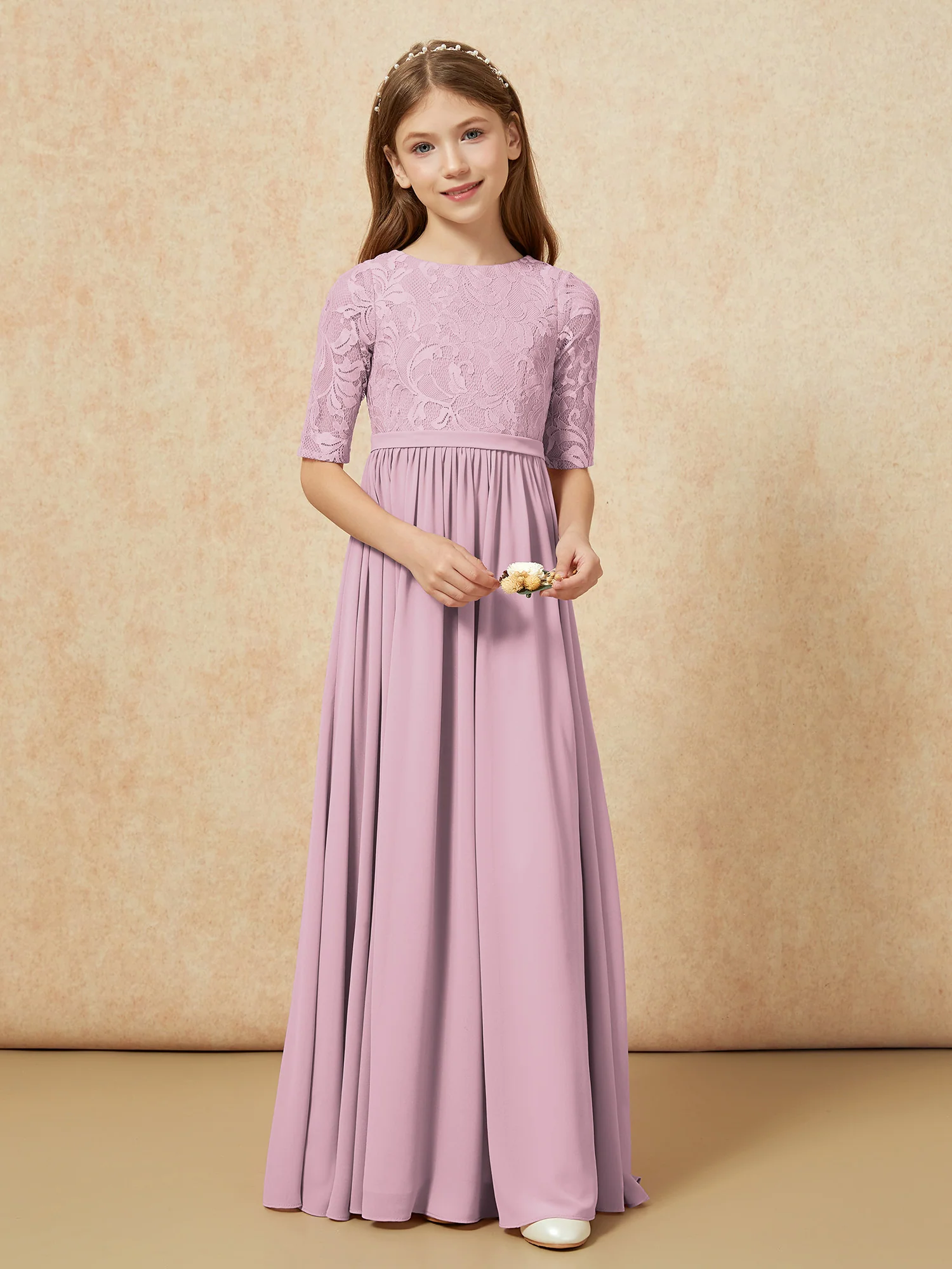 Half Sleeve Lace Top Chiffon Junior Bridesmaid Dresses Vintage Mauve - Image 4