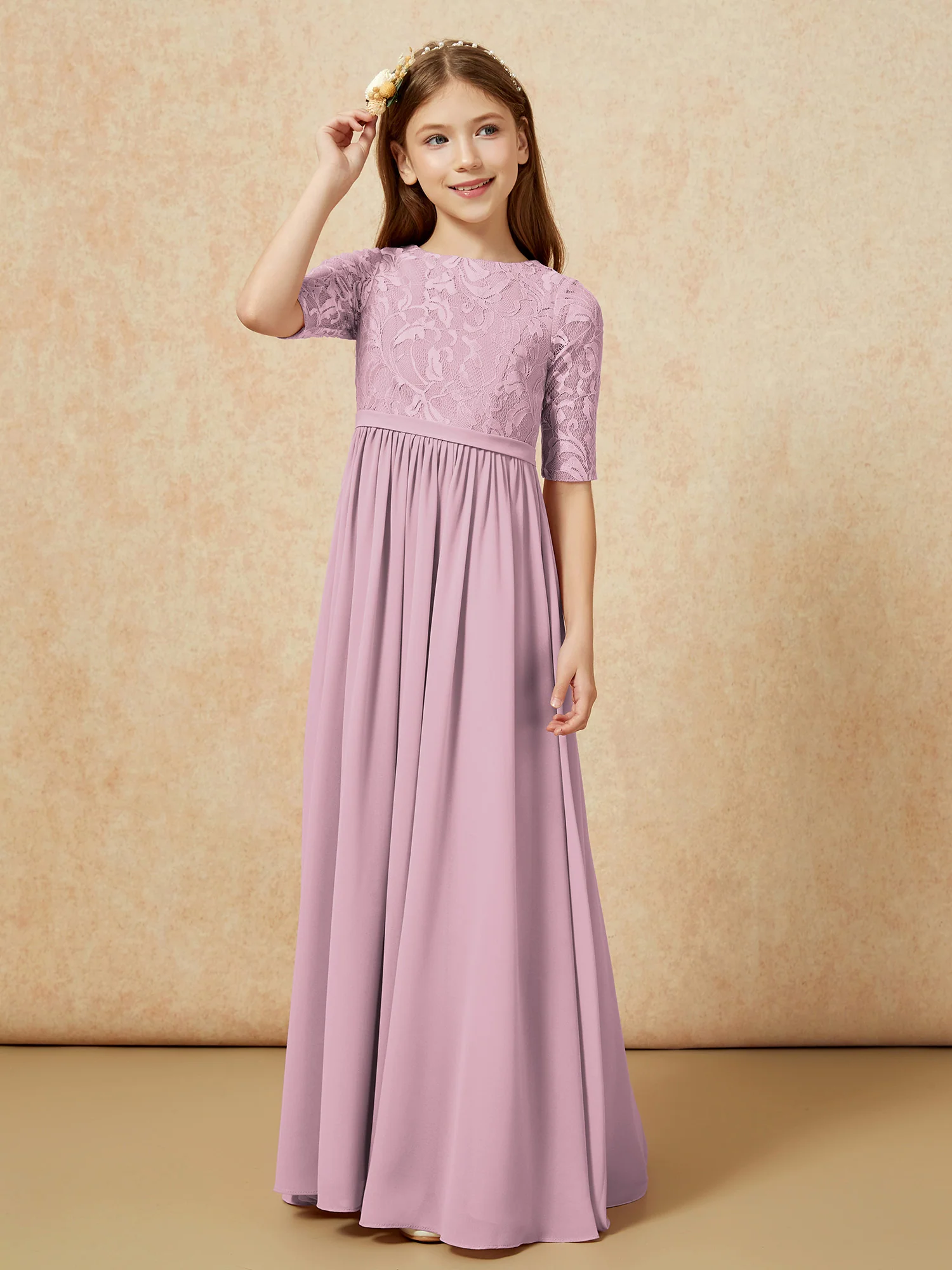 Half Sleeve Lace Top Chiffon Junior Bridesmaid Dresses Vintage Mauve - Image 5