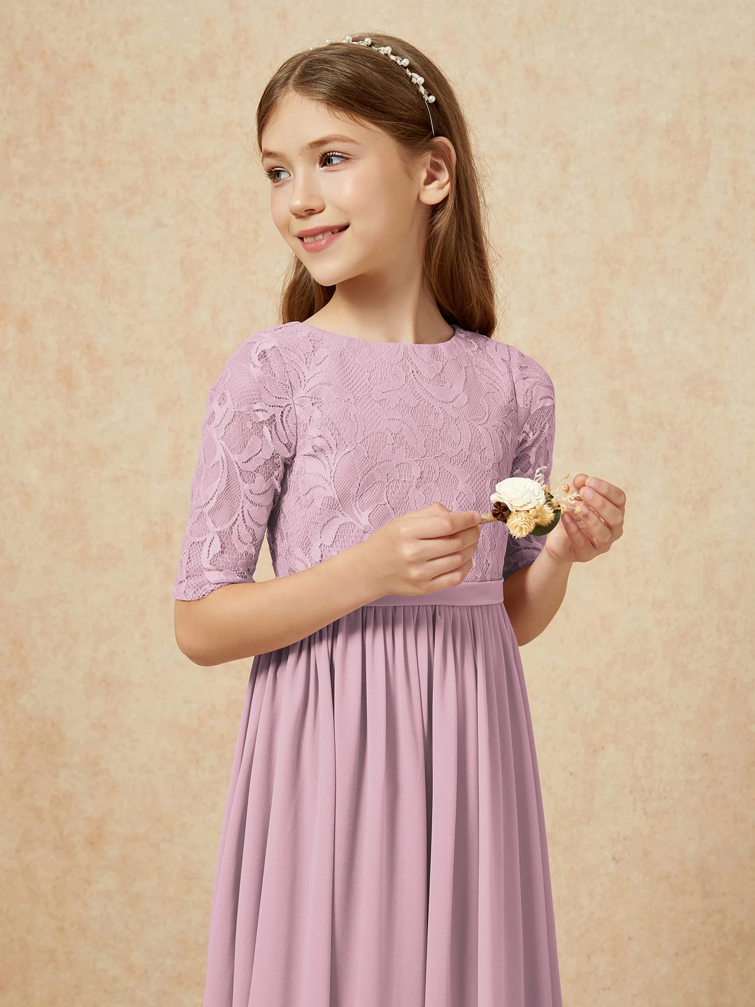 Half Sleeve Lace Top Chiffon Junior Bridesmaid Dresses Vintage Mauve - Image 6