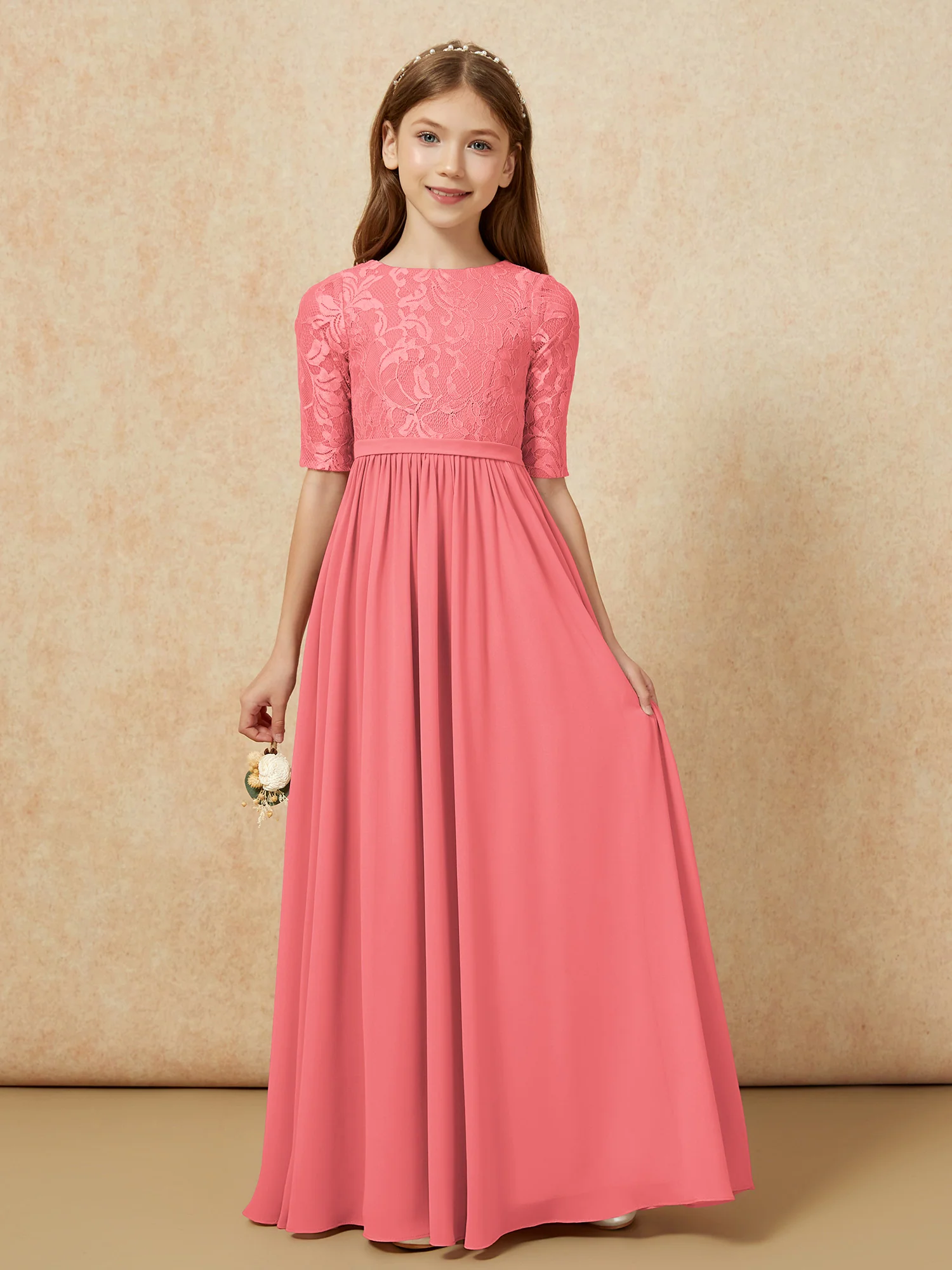 Half Sleeve Lace Top Chiffon Junior Bridesmaid Dresses Watermelon
