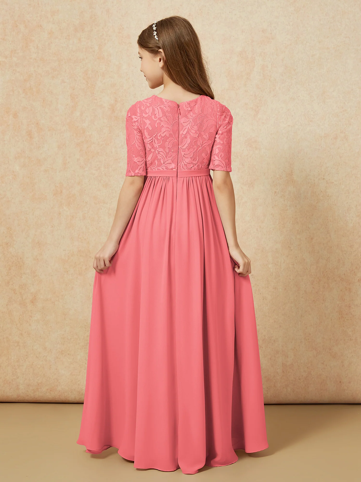 Half Sleeve Lace Top Chiffon Junior Bridesmaid Dresses Watermelon - Image 2