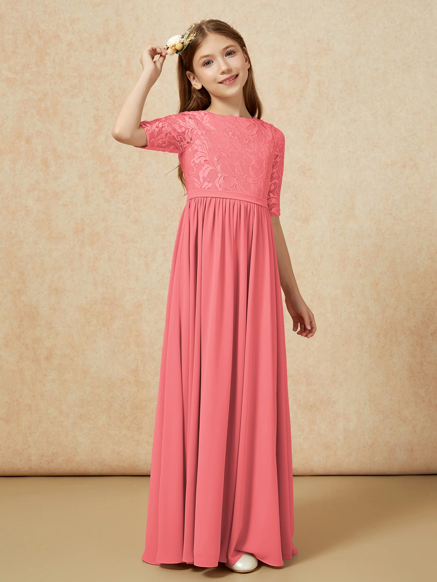 Half Sleeve Lace Top Chiffon Junior Bridesmaid Dresses Watermelon - Image 3