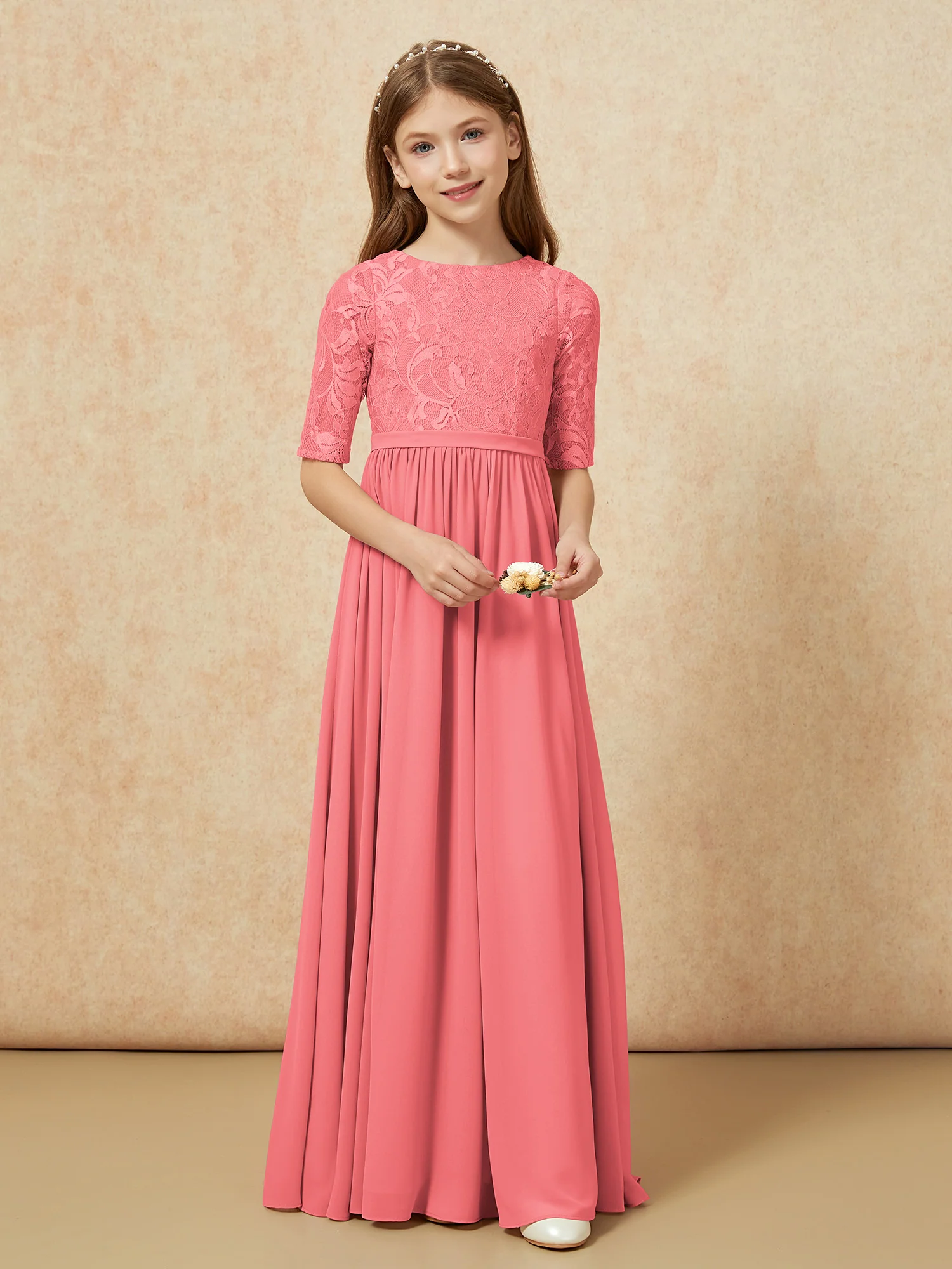 Half Sleeve Lace Top Chiffon Junior Bridesmaid Dresses Watermelon - Image 4