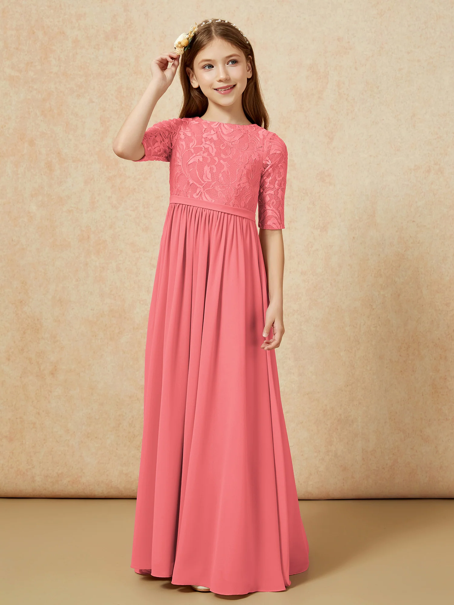 Half Sleeve Lace Top Chiffon Junior Bridesmaid Dresses Watermelon - Image 5