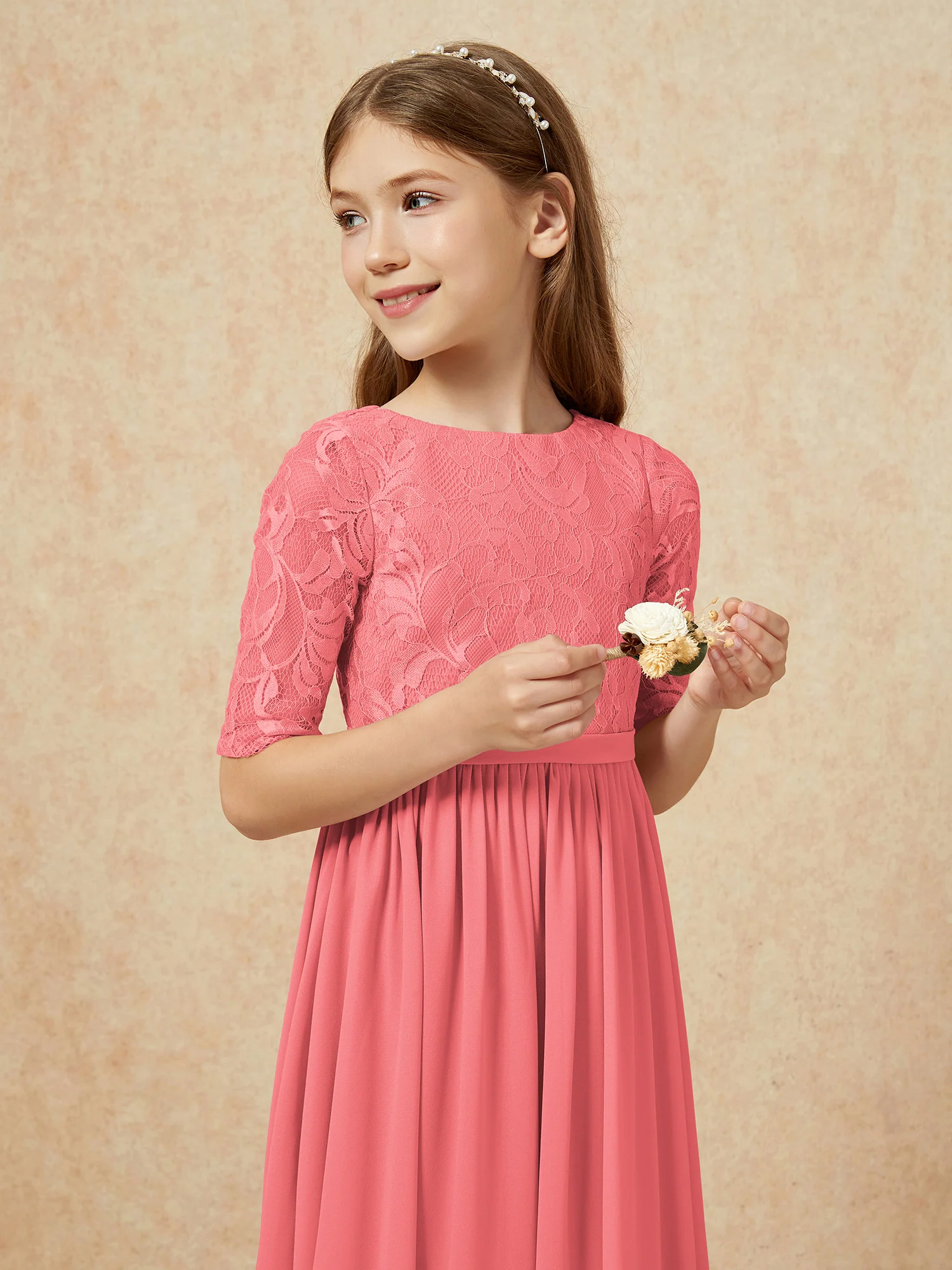 Half Sleeve Lace Top Chiffon Junior Bridesmaid Dresses Watermelon - Image 6