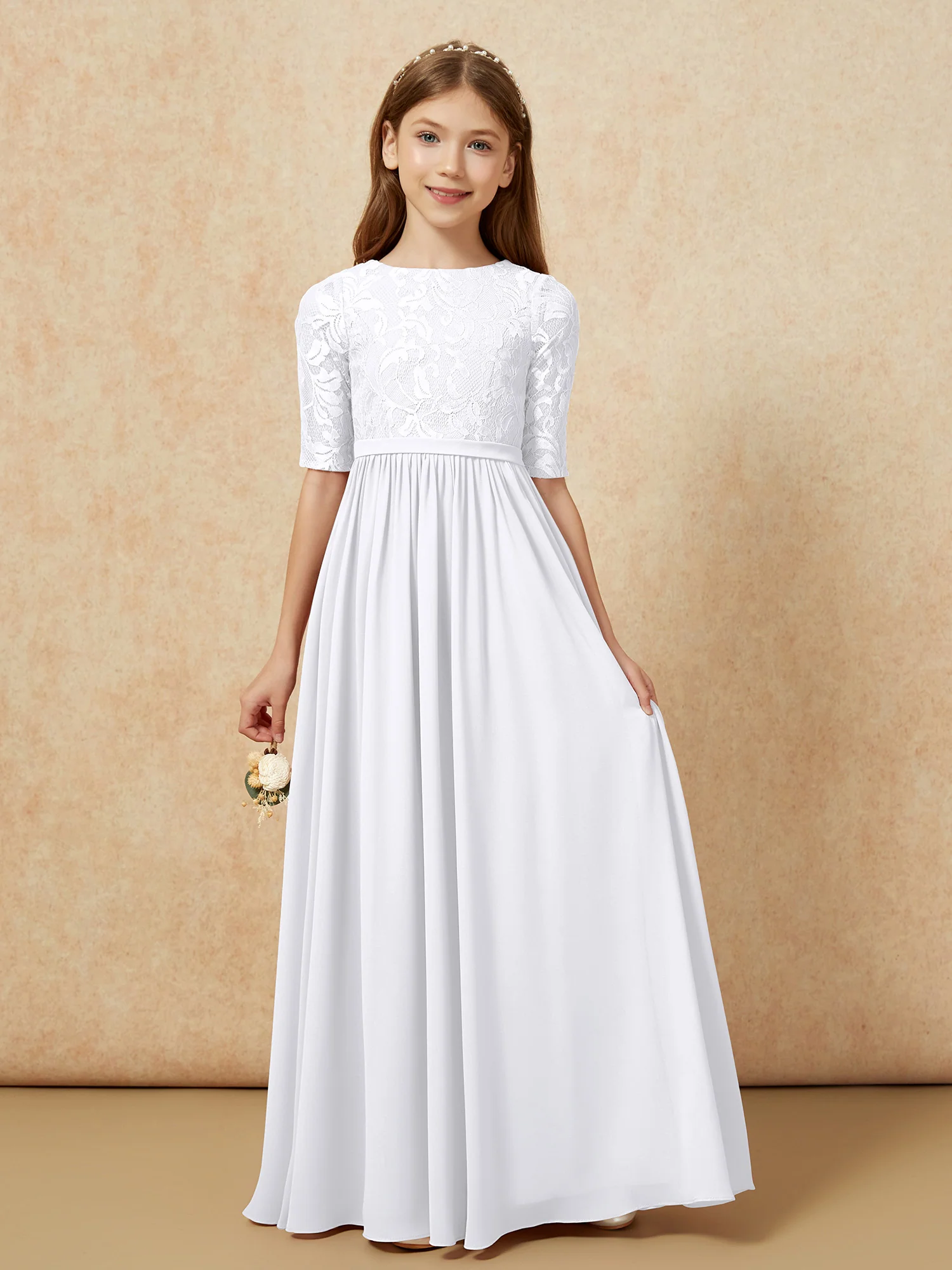 Half Sleeve Lace Top Chiffon Junior Bridesmaid Dresses White