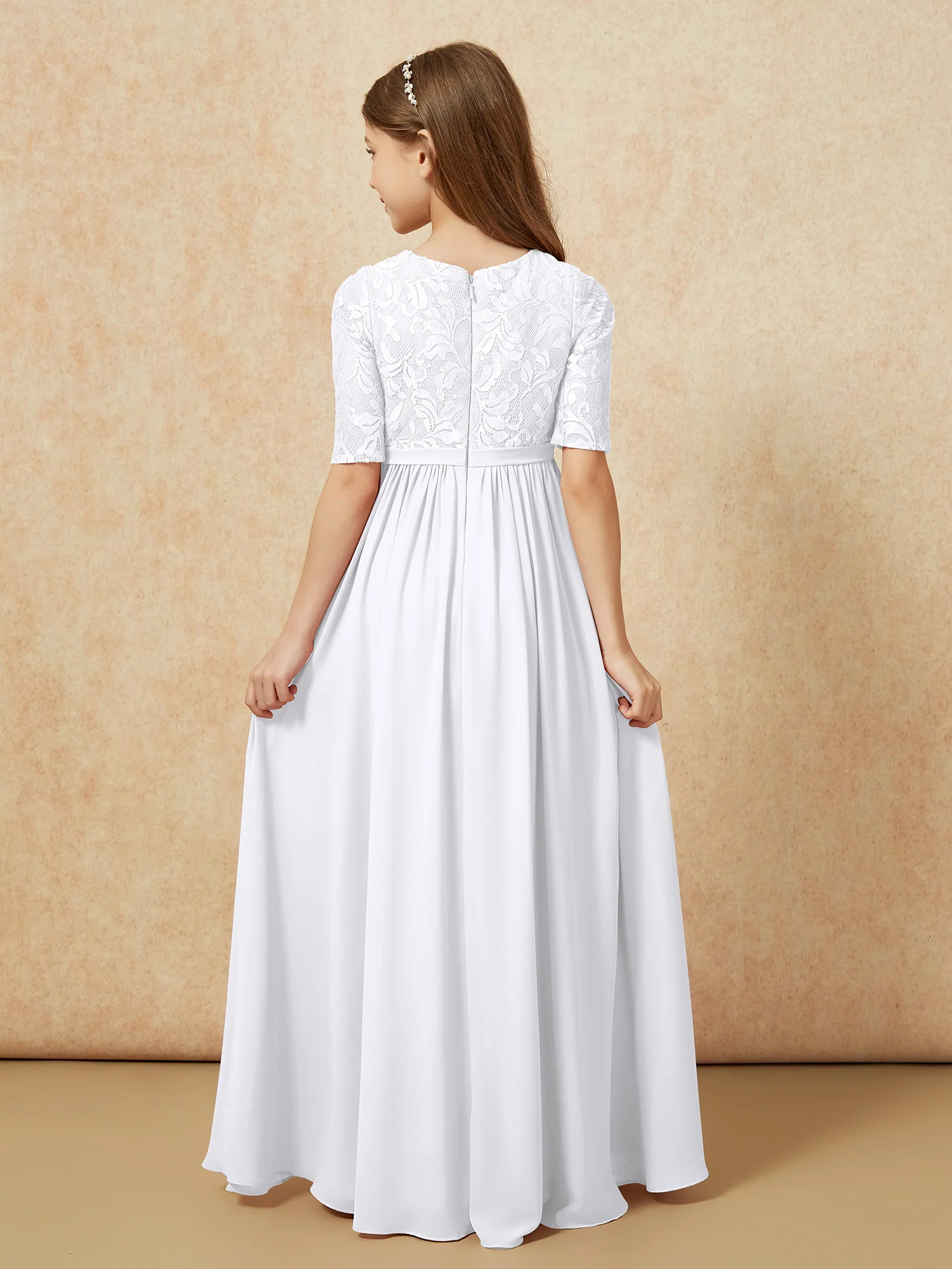 Half Sleeve Lace Top Chiffon Junior Bridesmaid Dresses White - Image 2