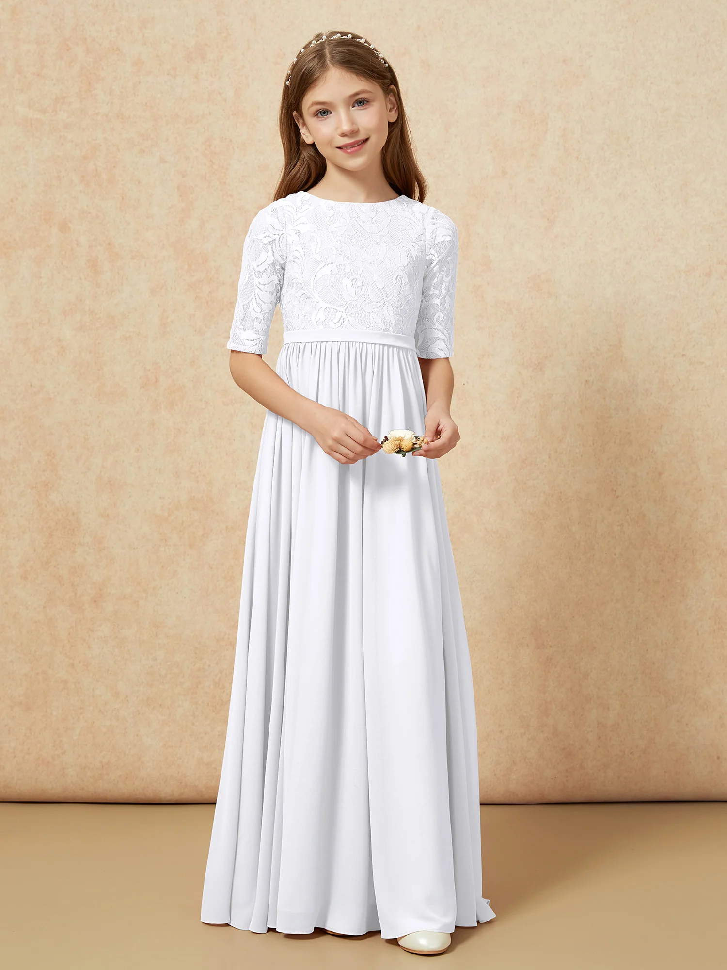 Half Sleeve Lace Top Chiffon Junior Bridesmaid Dresses White - Image 4
