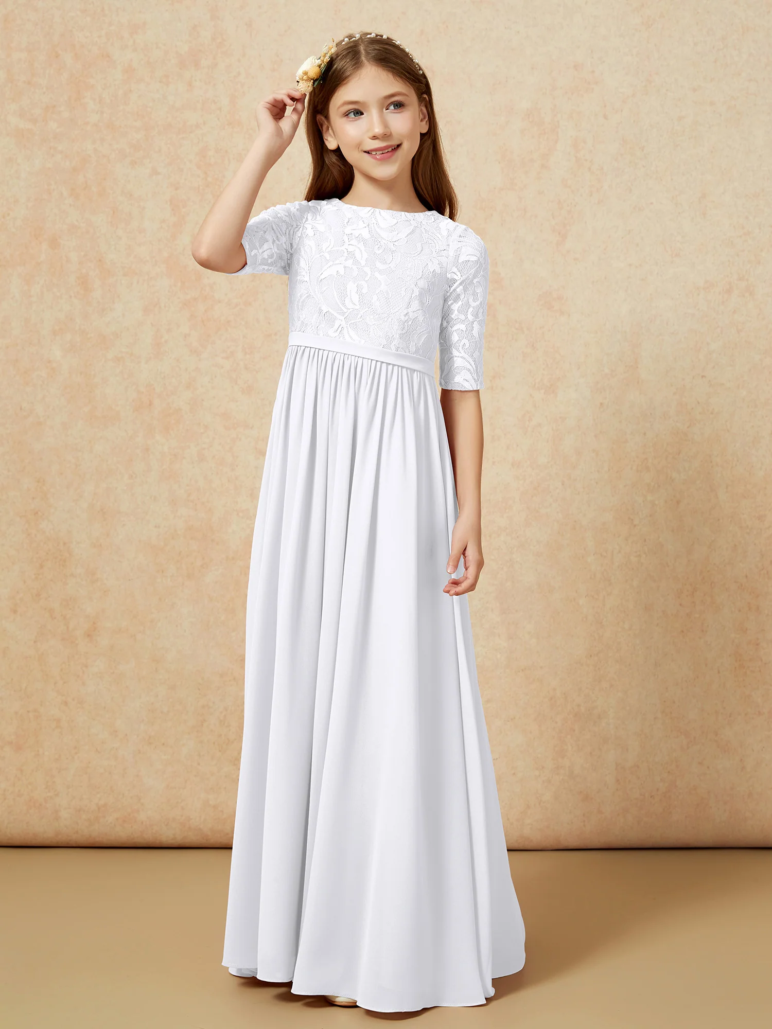 Half Sleeve Lace Top Chiffon Junior Bridesmaid Dresses White - Image 5