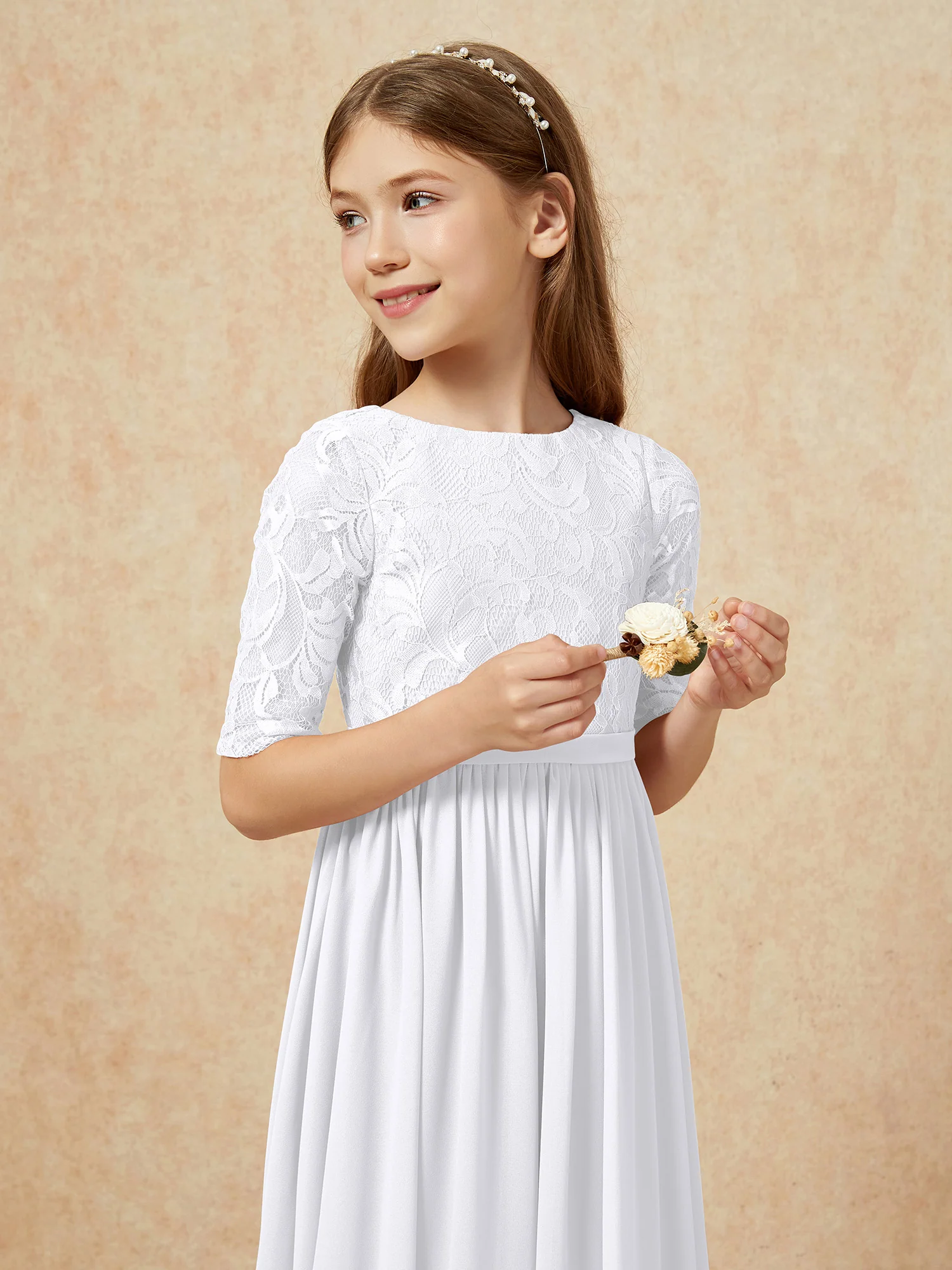 Half Sleeve Lace Top Chiffon Junior Bridesmaid Dresses White - Image 6