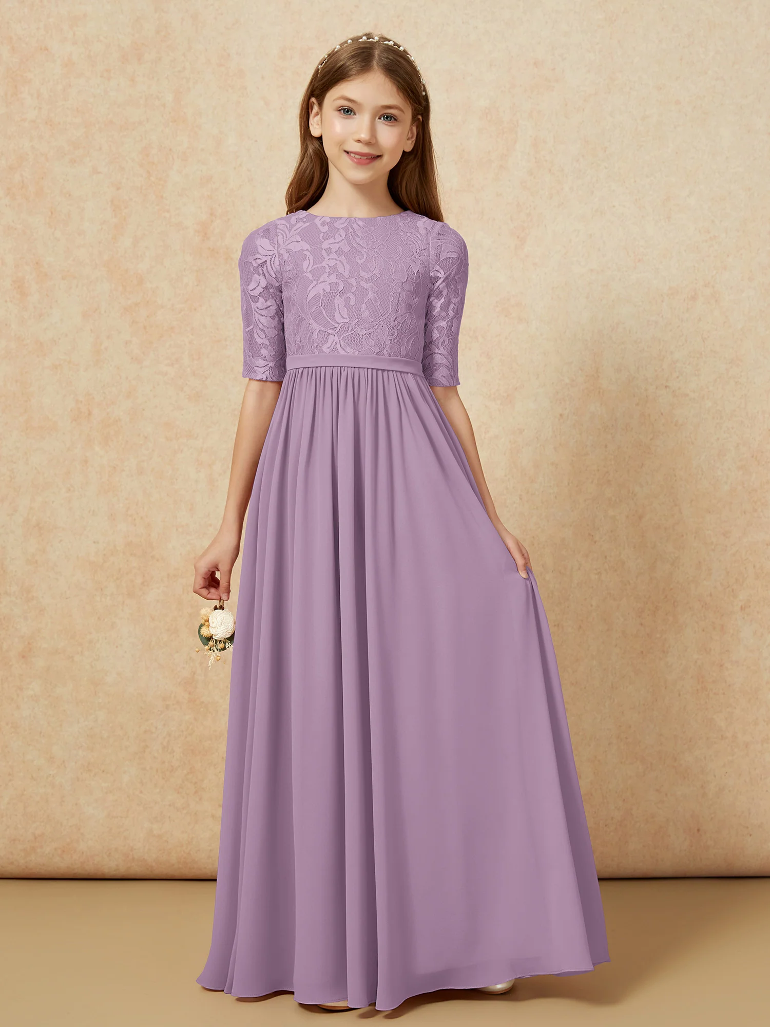 Half Sleeve Lace Top Chiffon Junior Bridesmaid Dresses Wisteria