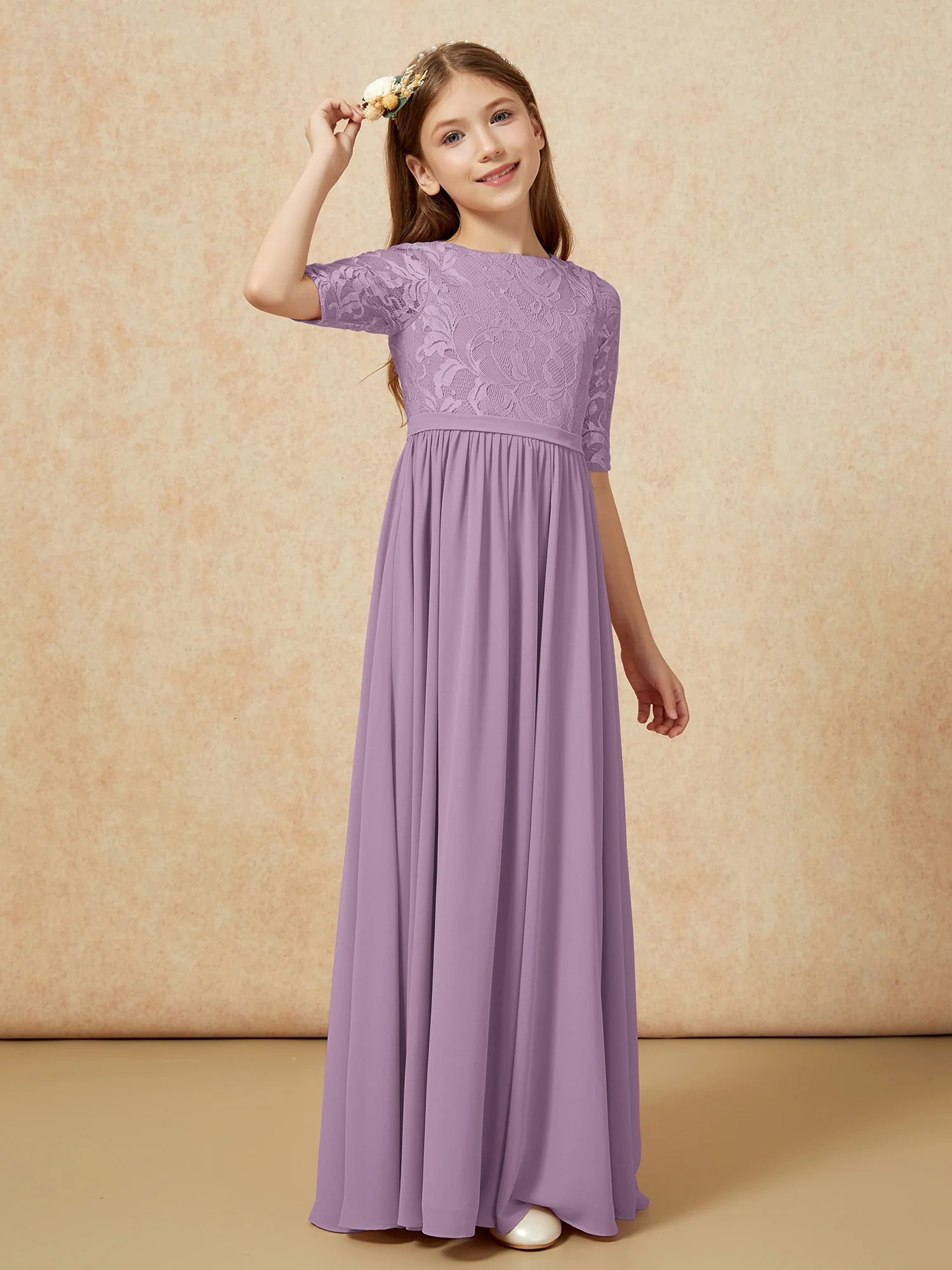 Half Sleeve Lace Top Chiffon Junior Bridesmaid Dresses Wisteria - Image 3