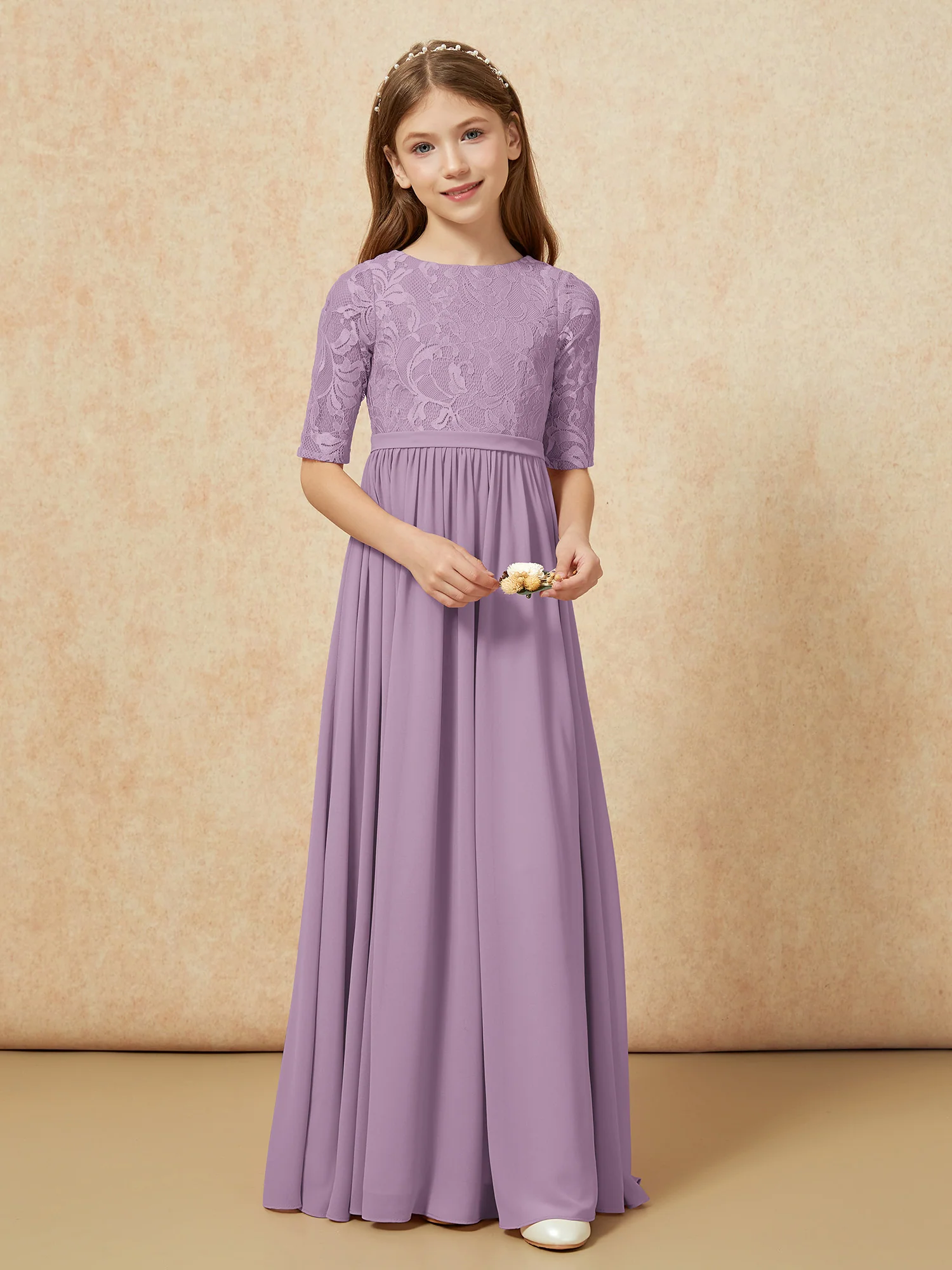 Half Sleeve Lace Top Chiffon Junior Bridesmaid Dresses Wisteria - Image 4