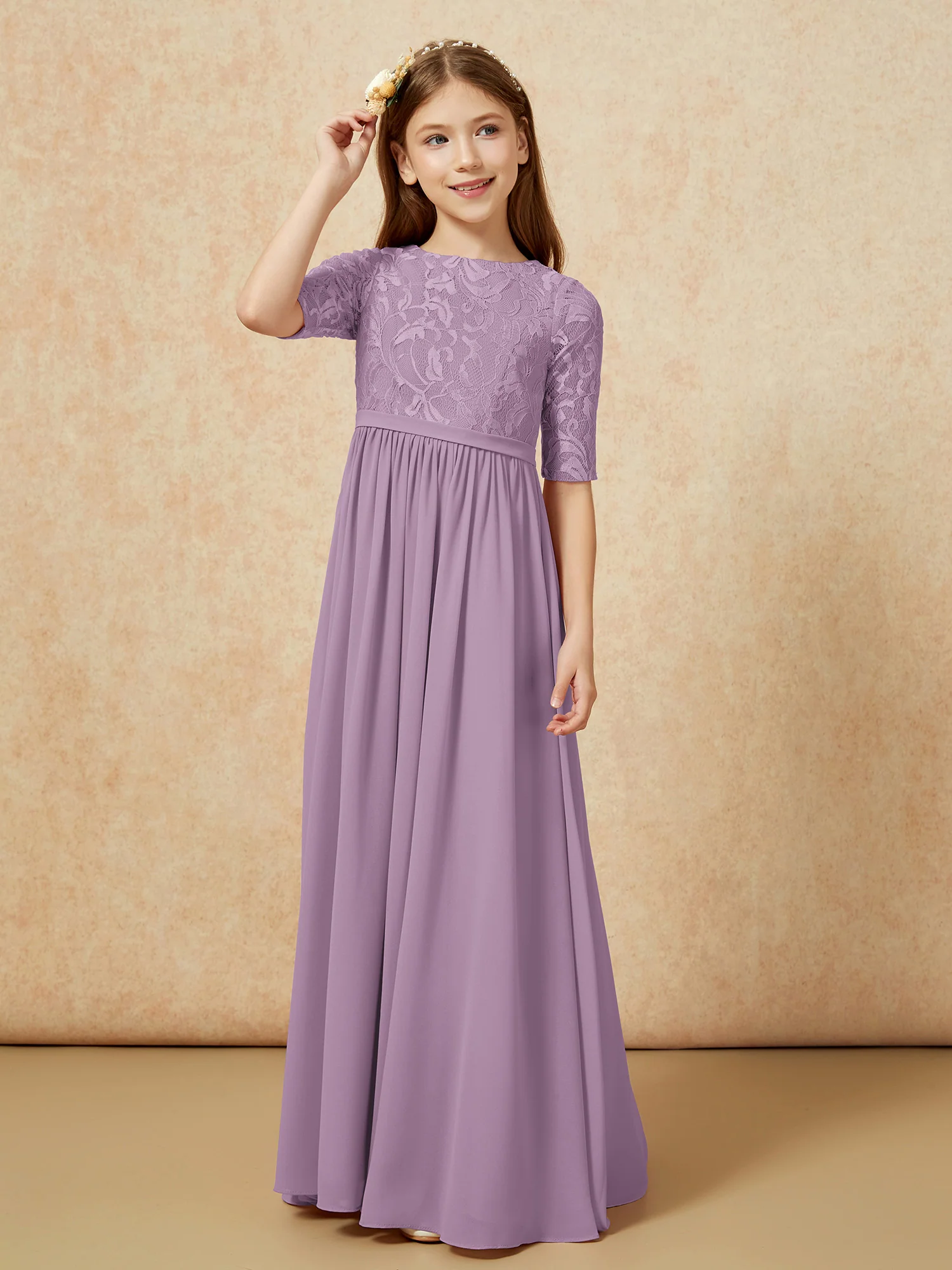 Half Sleeve Lace Top Chiffon Junior Bridesmaid Dresses Wisteria - Image 5