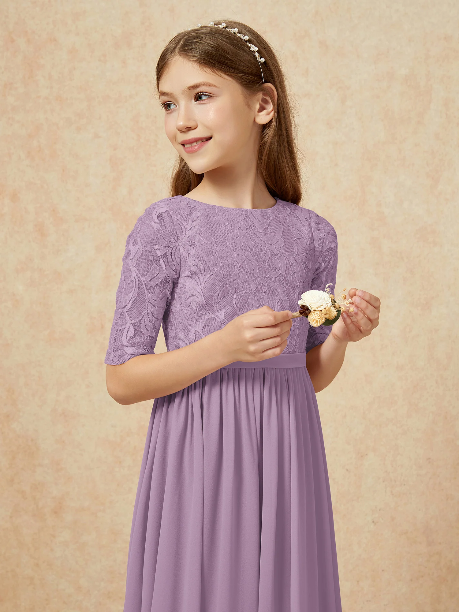 Half Sleeve Lace Top Chiffon Junior Bridesmaid Dresses Wisteria - Image 6