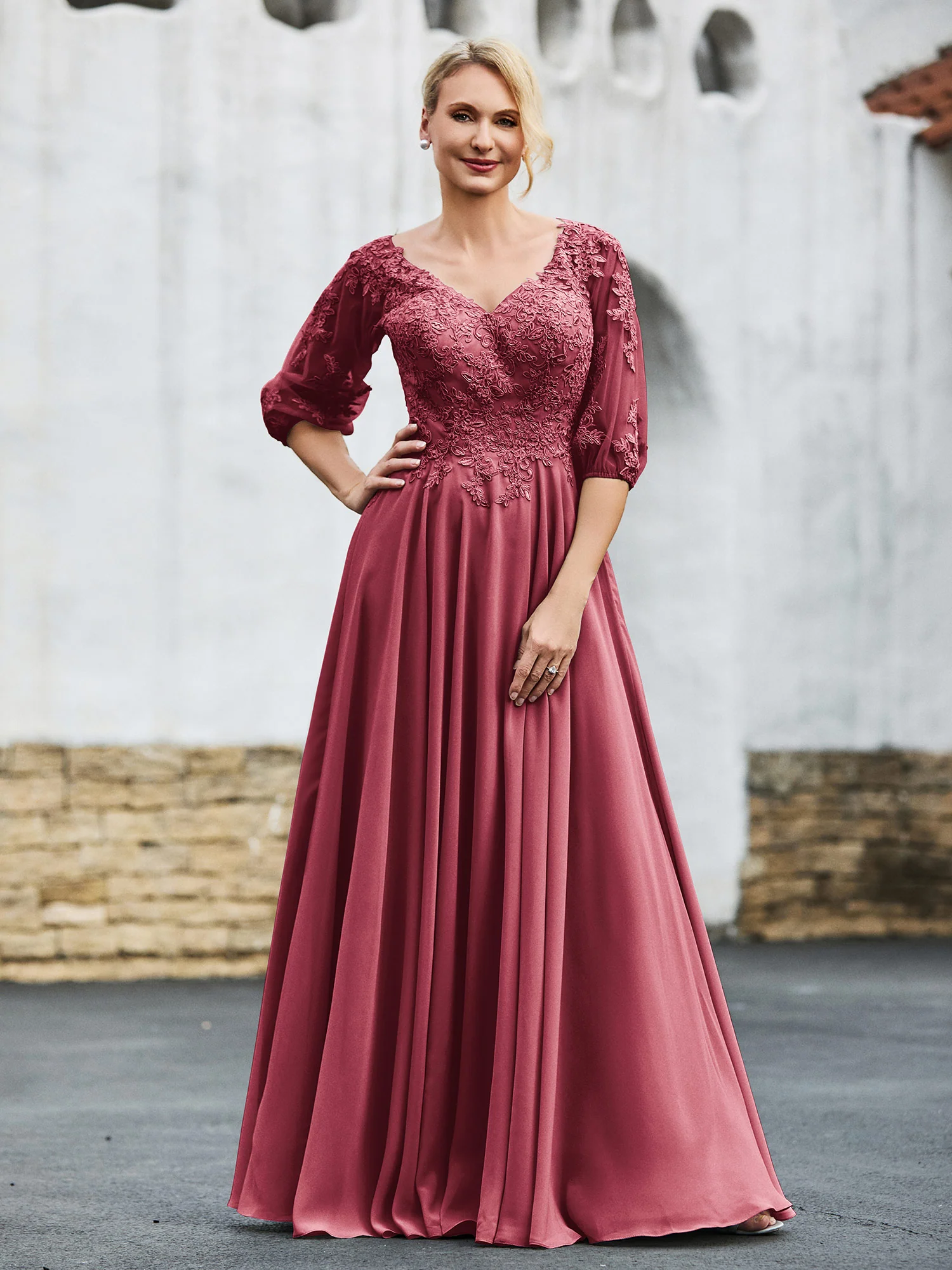 Half Sleeves Lace Top Pleated Dress Cinnamon Rose