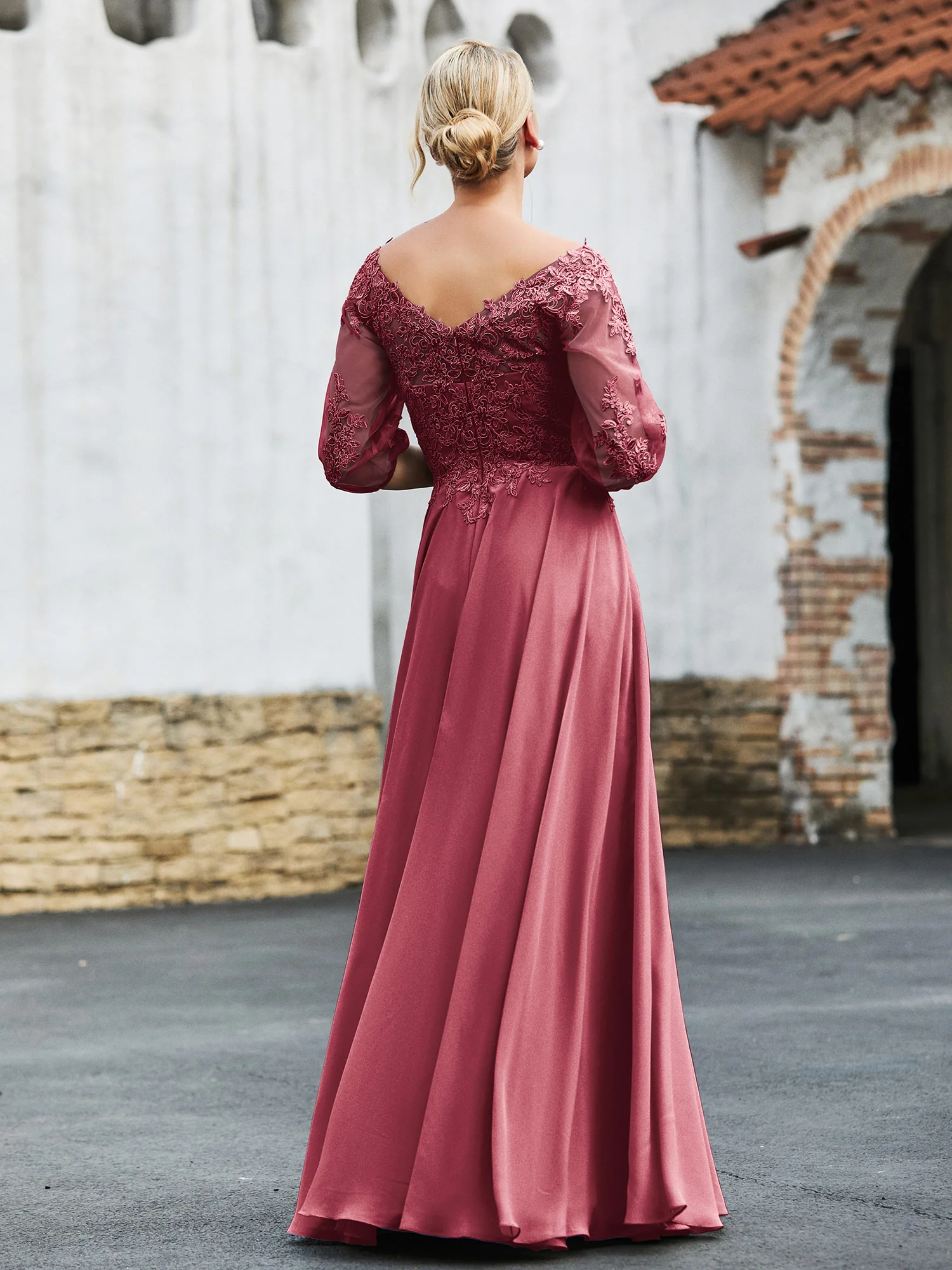 Half Sleeves Lace Top Pleated Dress Cinnamon Rose - Image 2