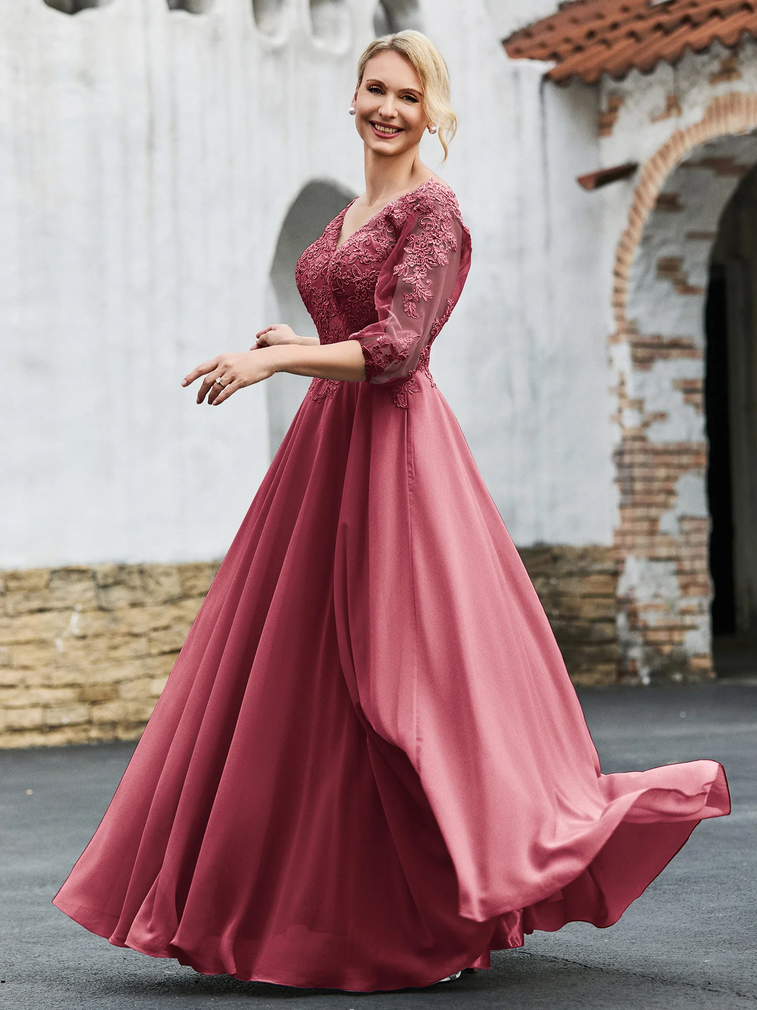 Half Sleeves Lace Top Pleated Dress Cinnamon Rose - Image 3