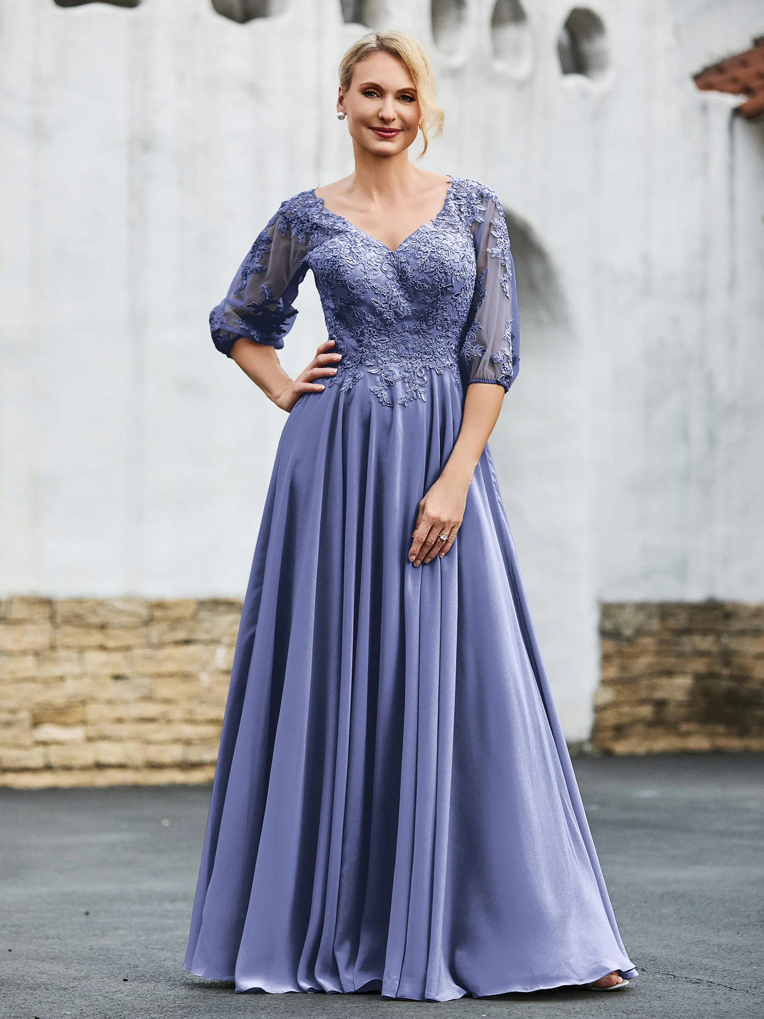 Half Sleeves Lace Top Pleated Dress Periwinkle