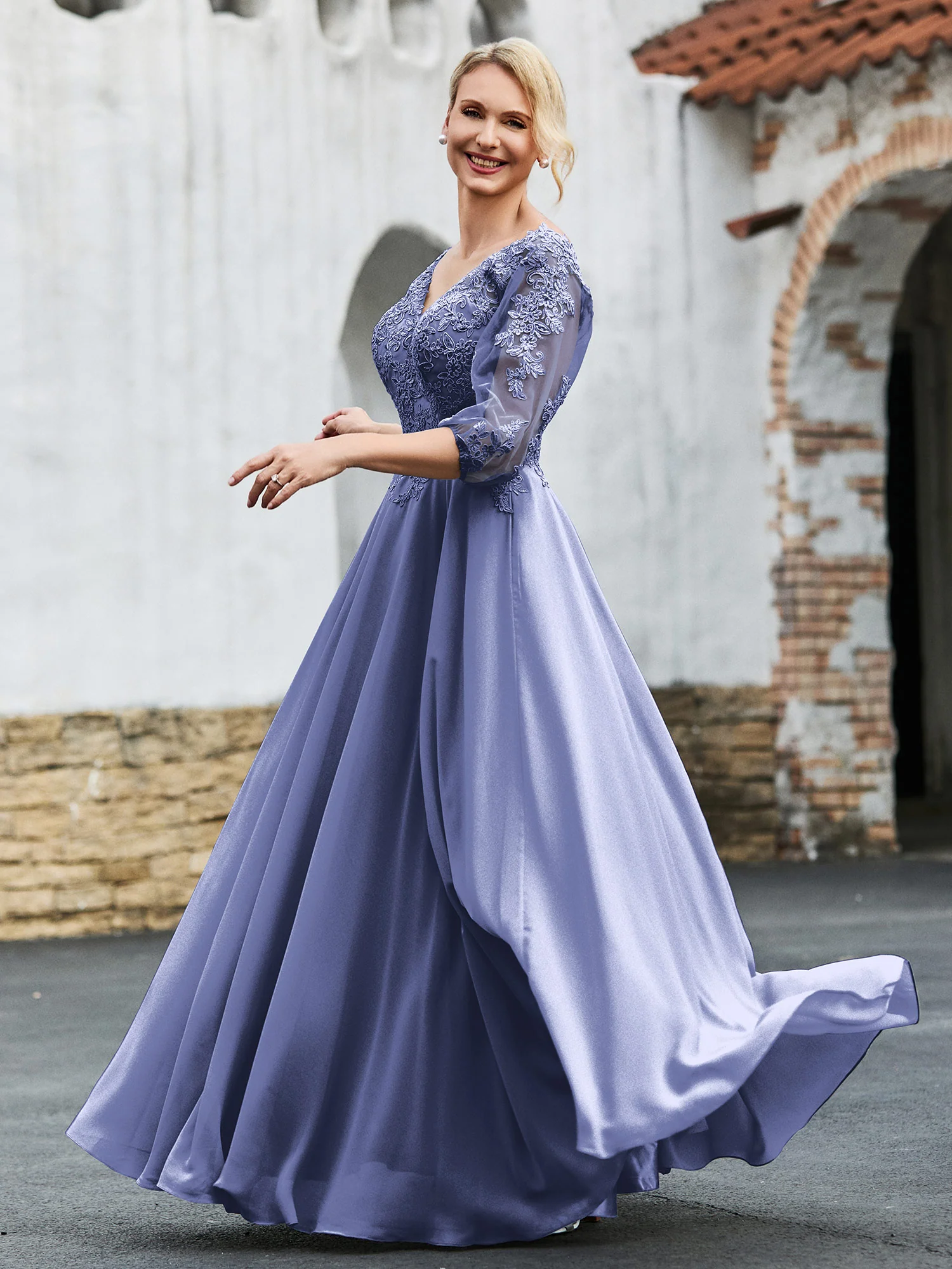 Half Sleeves Lace Top Pleated Dress Periwinkle - Image 3