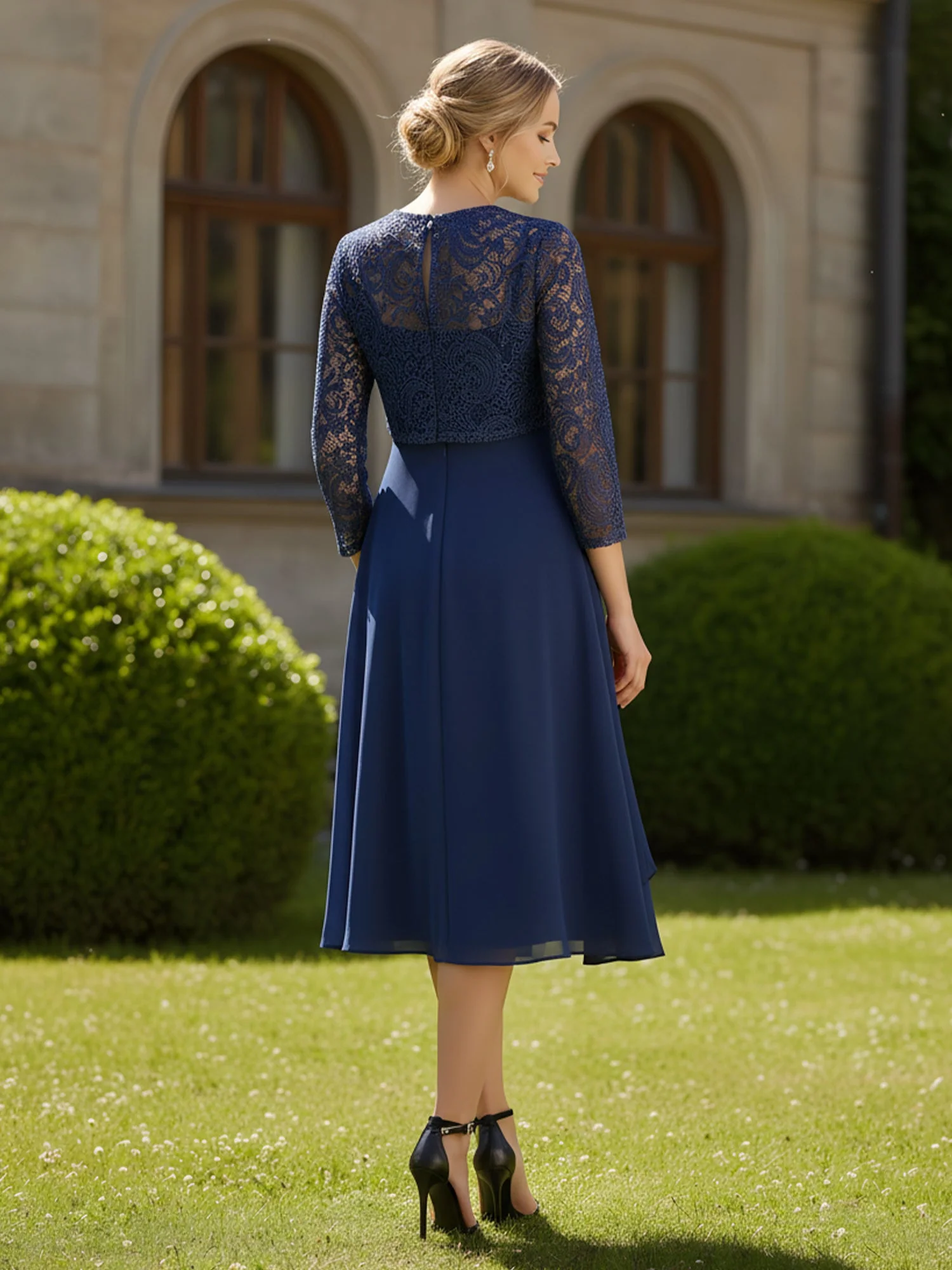 3/4 Sleeves Lace Chiffon Tea-Length Illusion Blushing Pink - Image 2